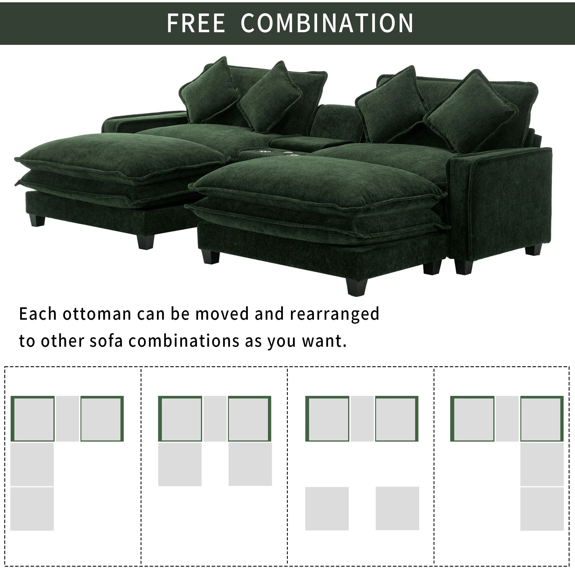 Sectional Sofa Upholstered Sofa With Two Removable Ottoman, Two USB Ports, Two Cup Holders And Large Storage Box For Living Room - Image 27
