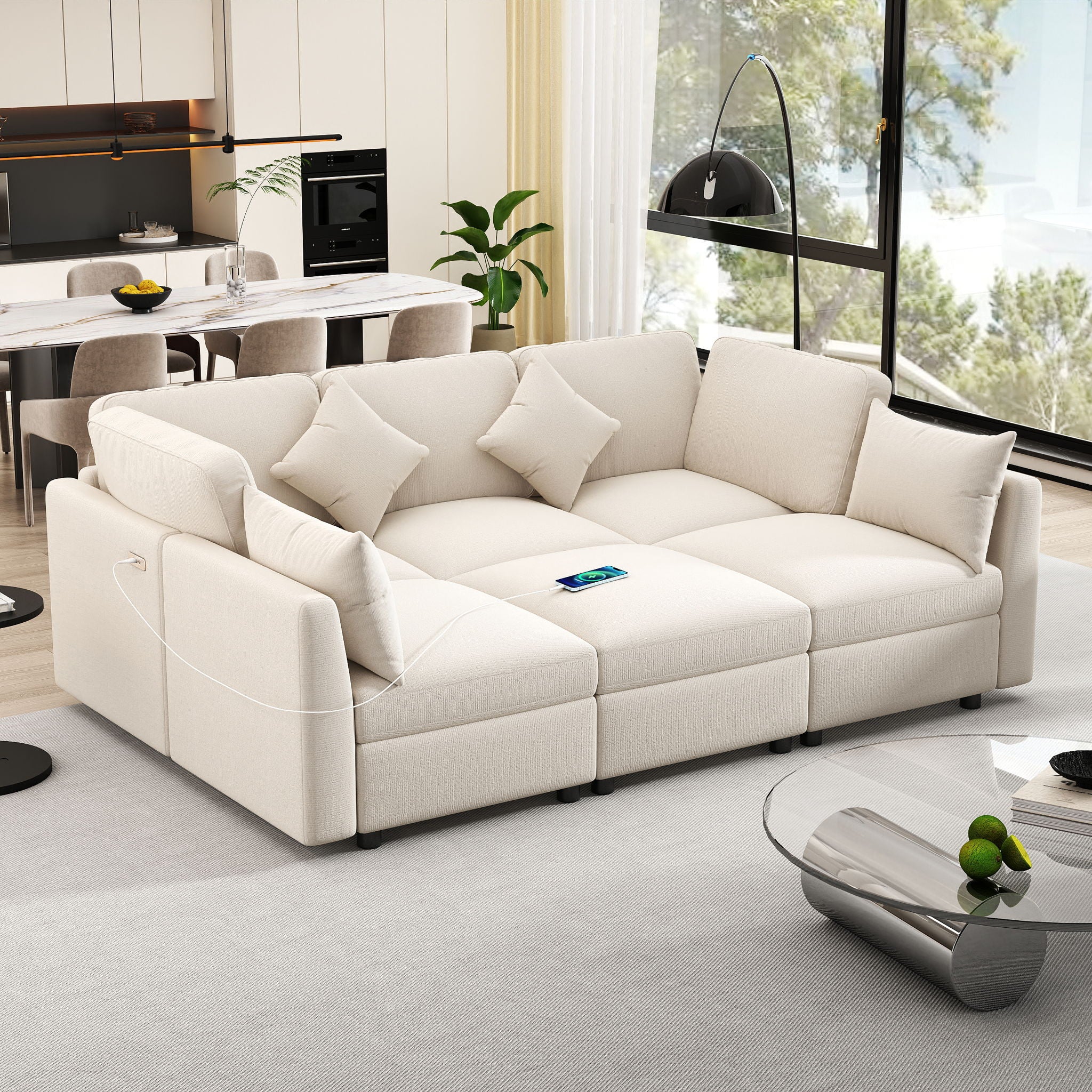 Sectional Sofa Modular U-Shaped With Ottoman & USB Ports - Image 15