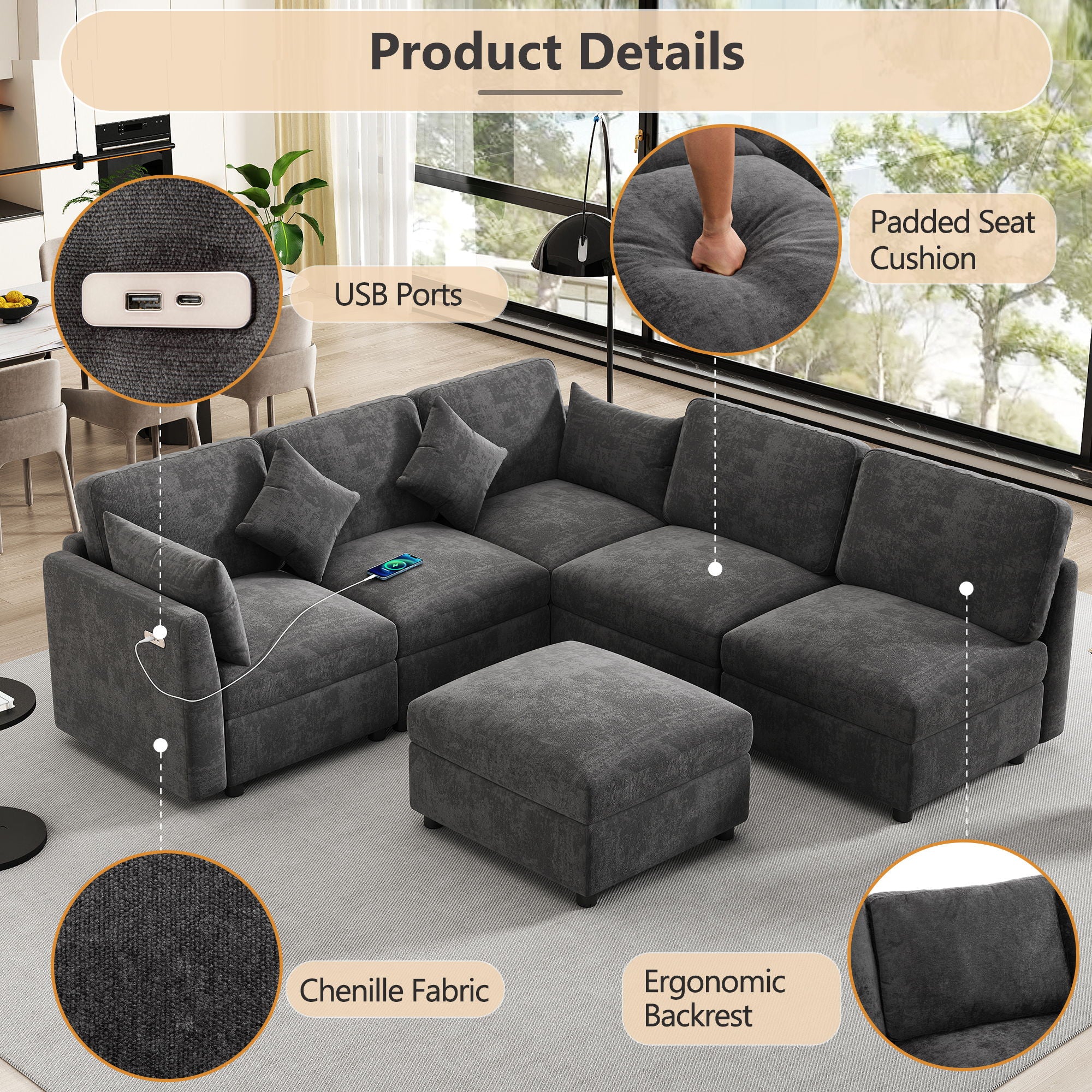 Sectional Sofa Modular U-Shaped With Ottoman & USB Ports - Image 5