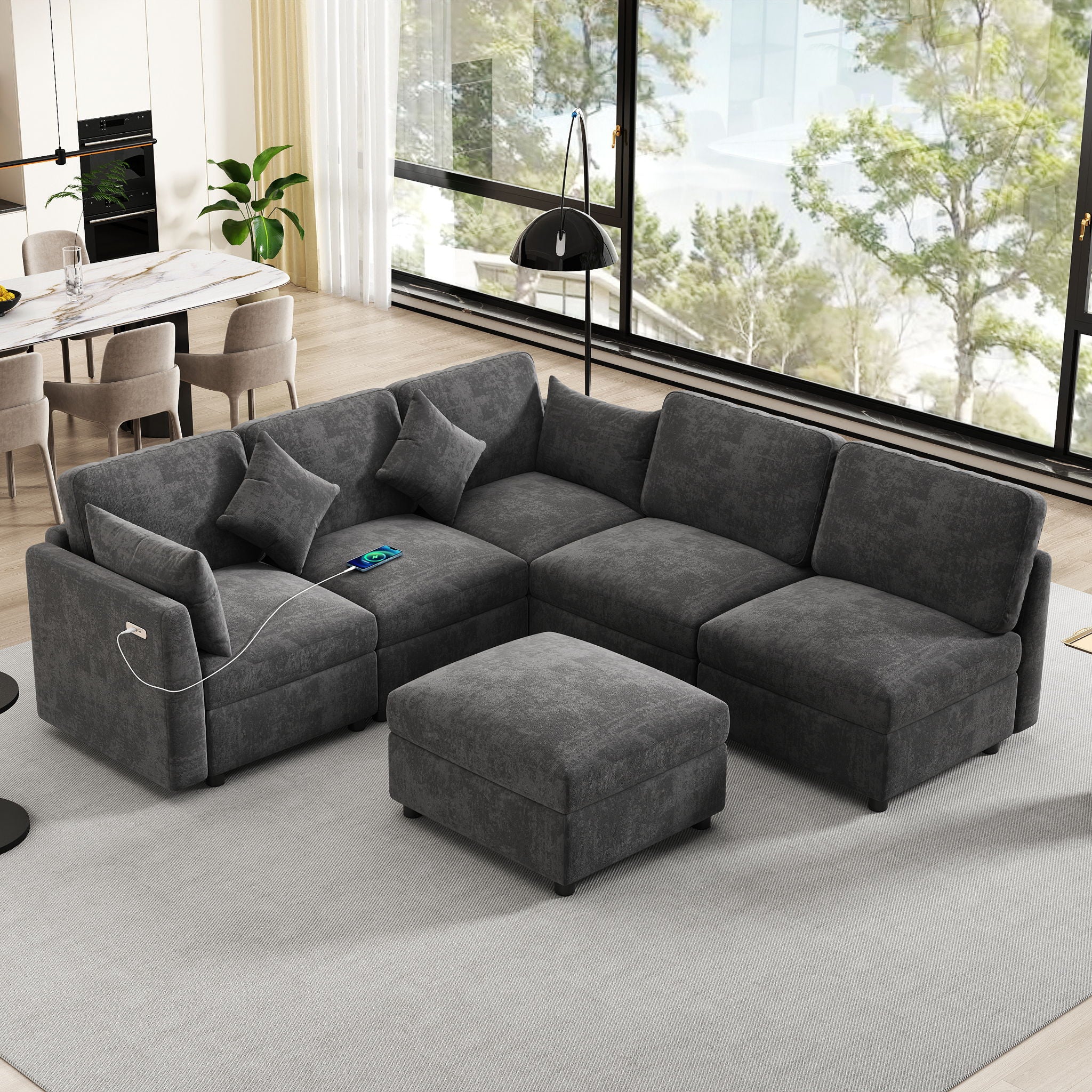 Sectional Sofa Modular U-Shaped With Ottoman & USB Ports - Image 8
