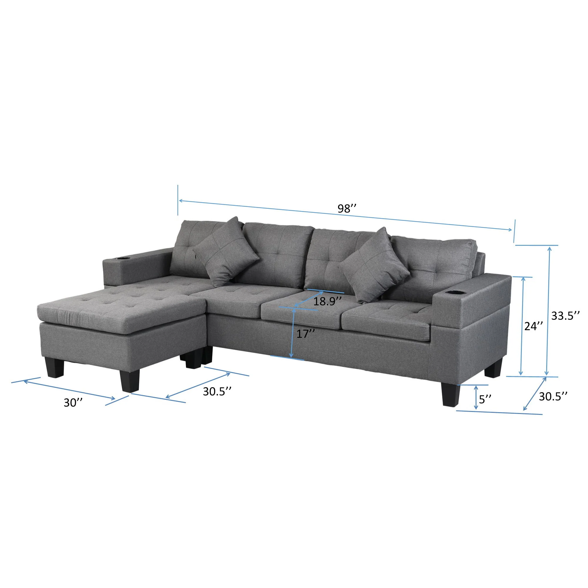 Sectional Sofa Set For Living Room With L Shape Chaise Lounge, Cup Holder And Left Or Right Hand Chaise Modern 4 Seat - Image 2