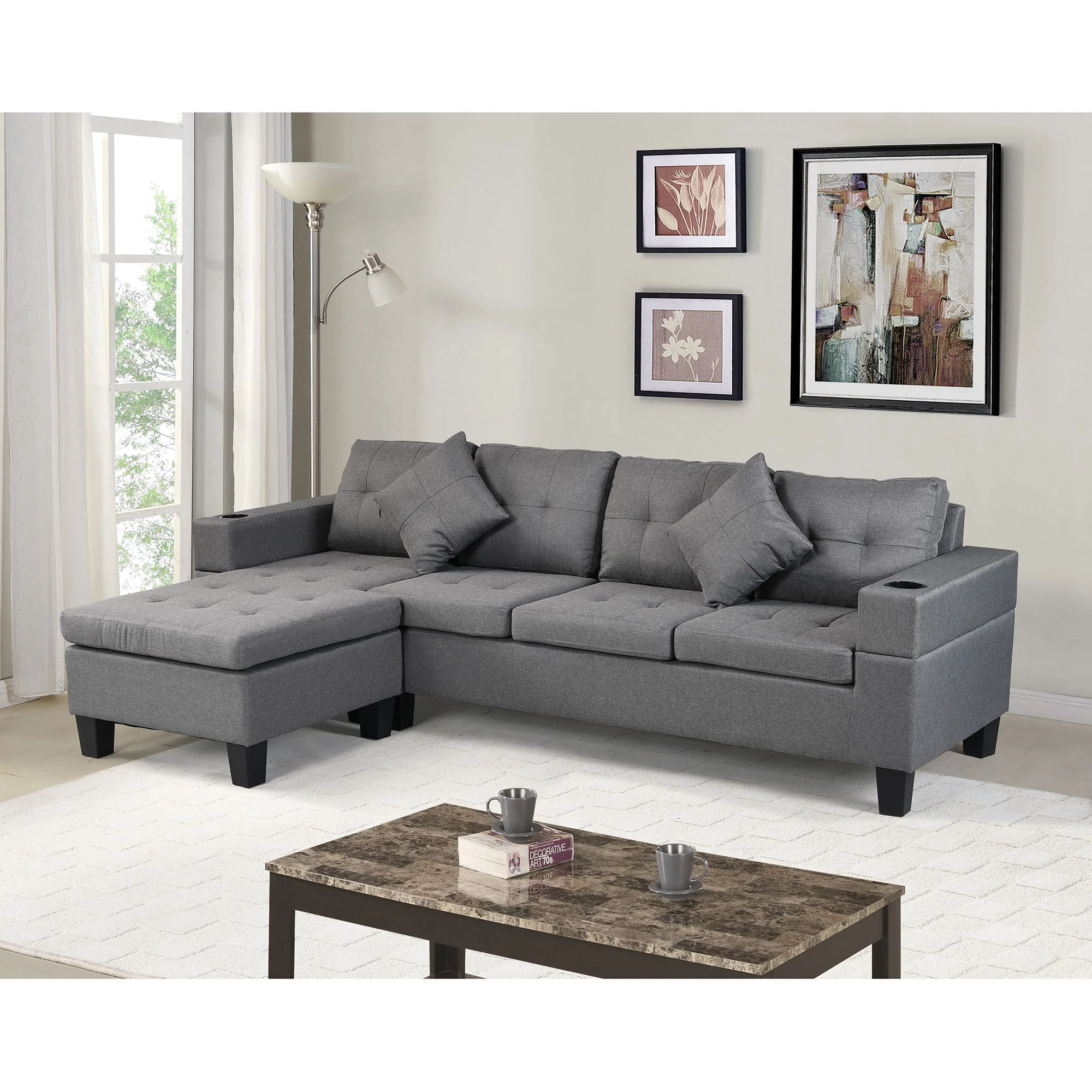 Sectional Sofa Set For Living Room With L Shape Chaise Lounge, Cup Holder And Left Or Right Hand Chaise Modern 4 Seat - Image 9