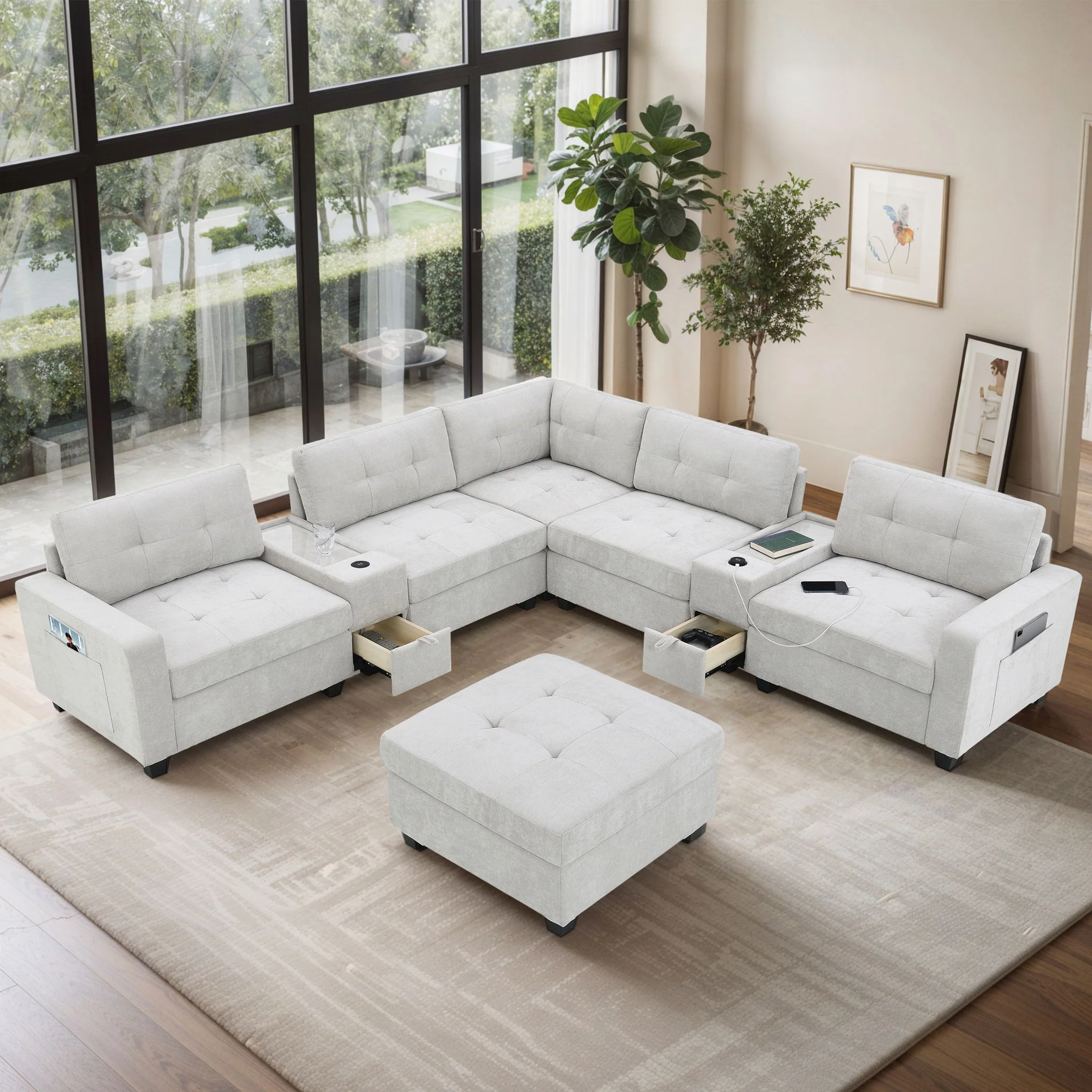 Sectional With Acrylic Table Top U Shaped Couch Set With 2 Consoles USB Charger, Storage Drawers And Pockets Movable Ottoman Tufted Sofa - Image 2