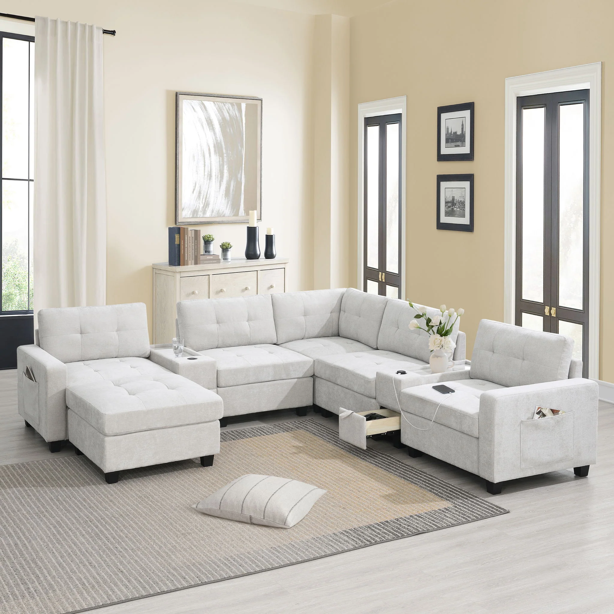 Sectional With Acrylic Table Top U Shaped Couch Set With 2 Consoles USB Charger, Storage Drawers And Pockets Movable Ottoman Tufted Sofa - Image 9
