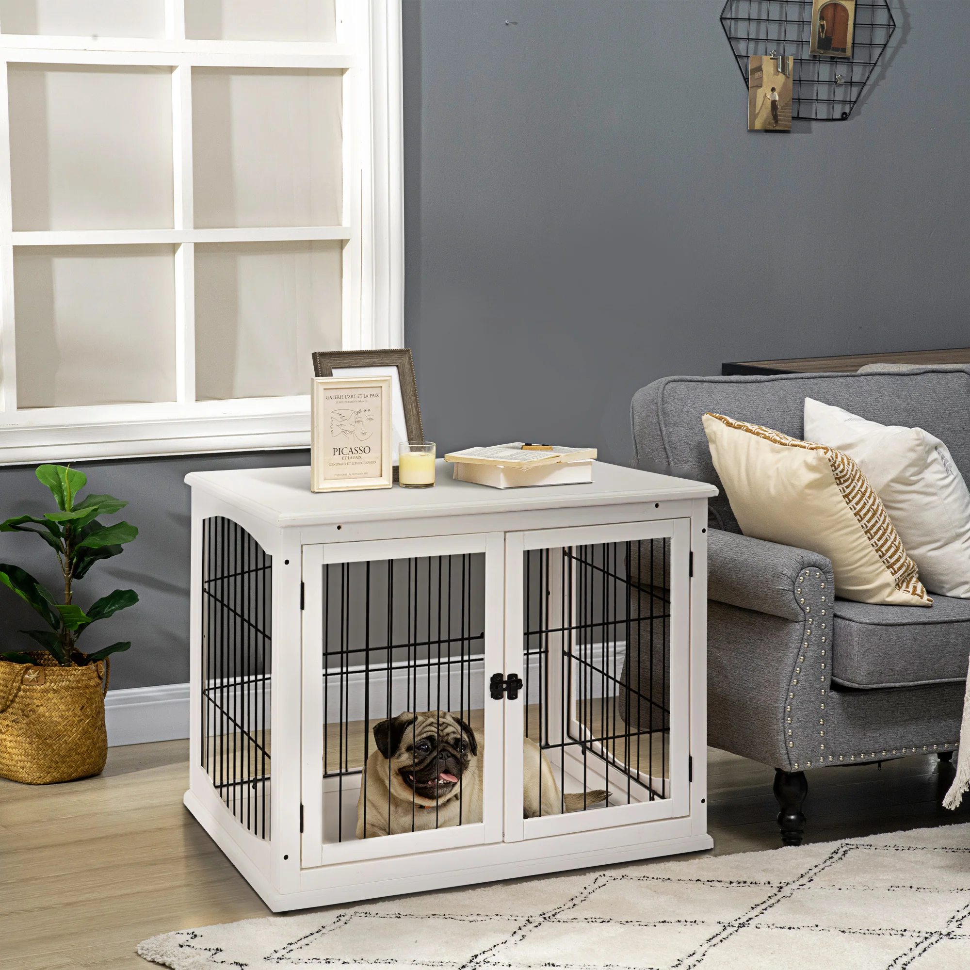 Selene 32-Inch Dual-Entry White Dog Crate End Table with Arched Windows - Image 7