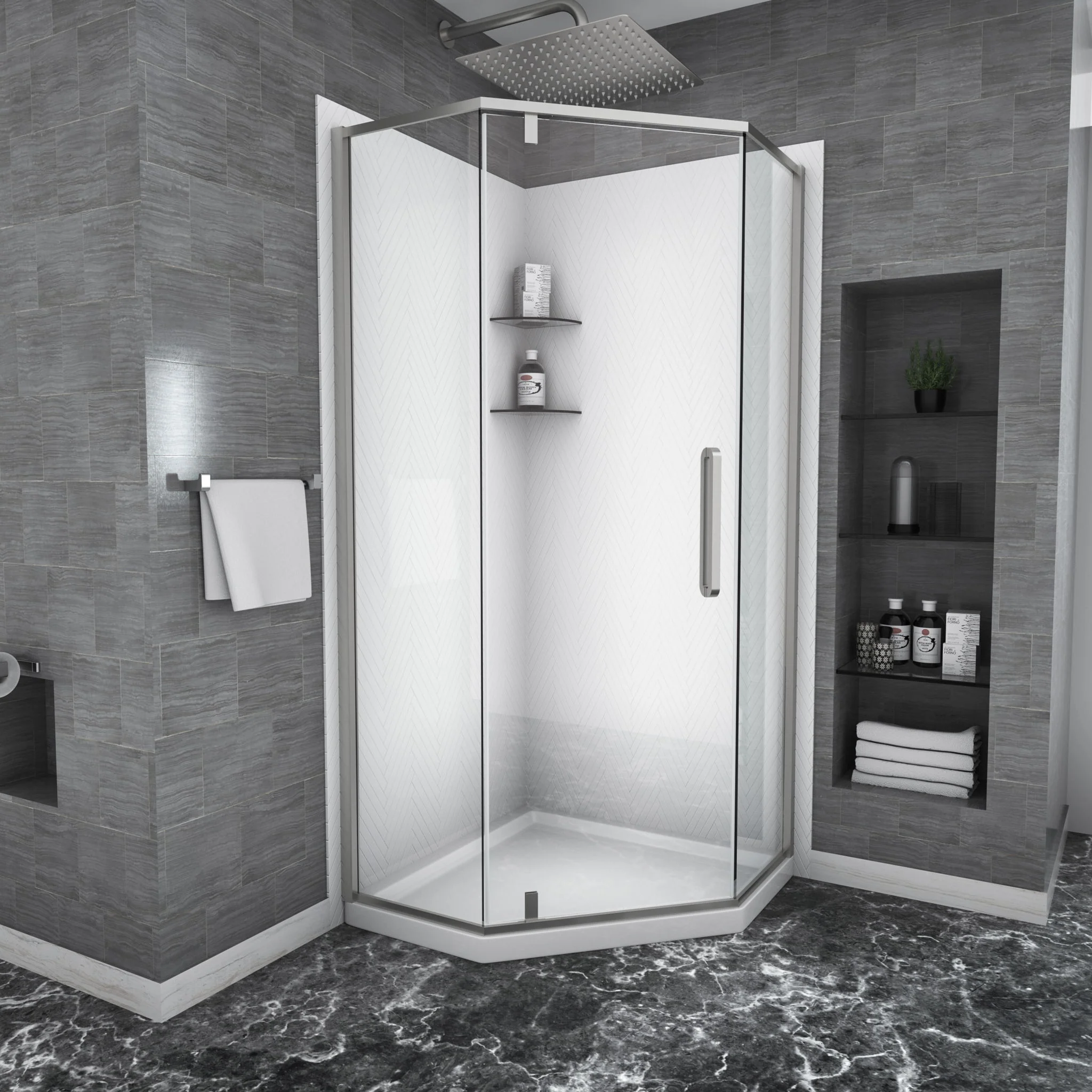 Semi Frameless Neo Angle Hinged Shower Enclosure With Clear Tempered Glass - Brushed Nickel - Image 6