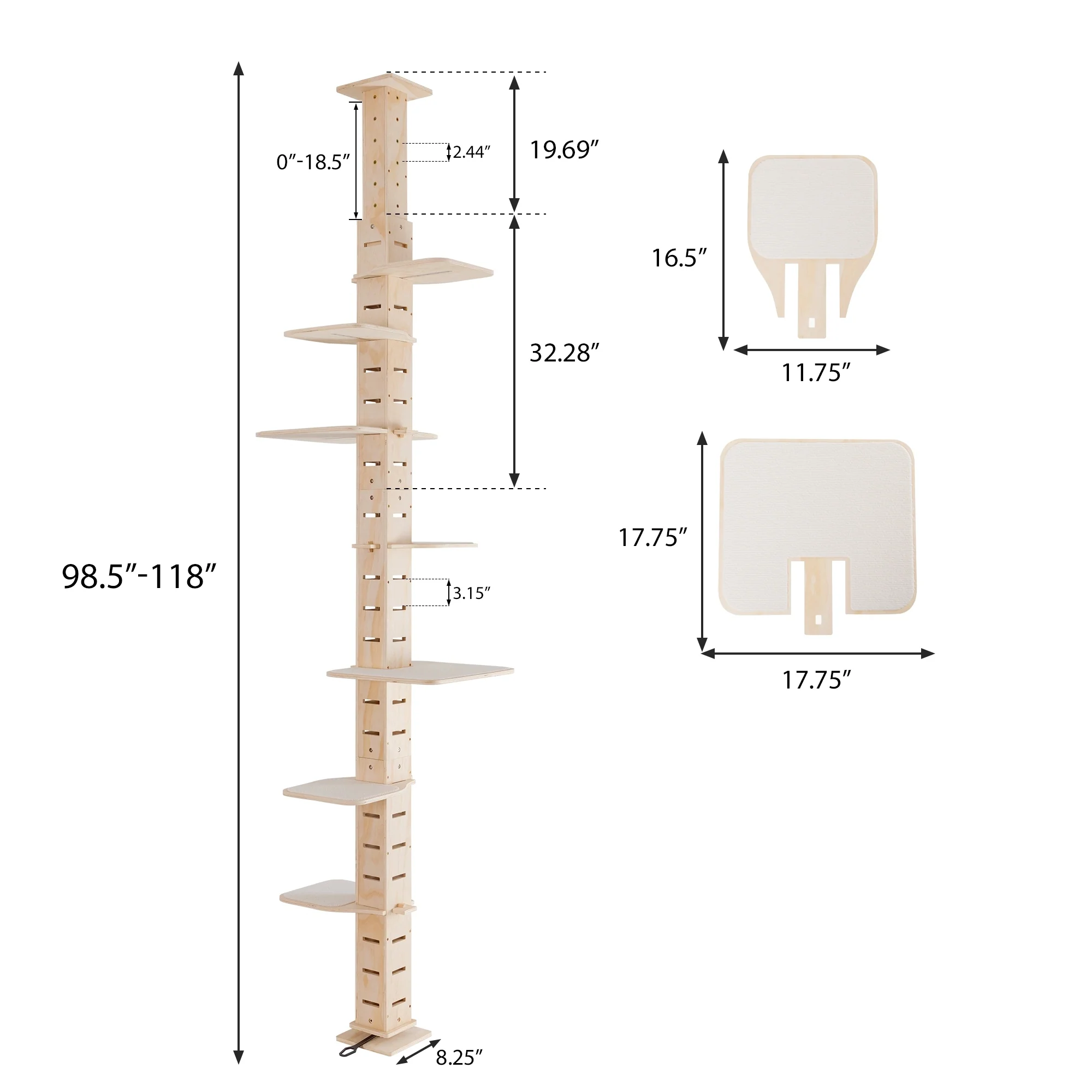 Sequoia 9-Foot Floor-to-Ceiling Pine Wood Cat Tree with Flannel Mats - Image 7