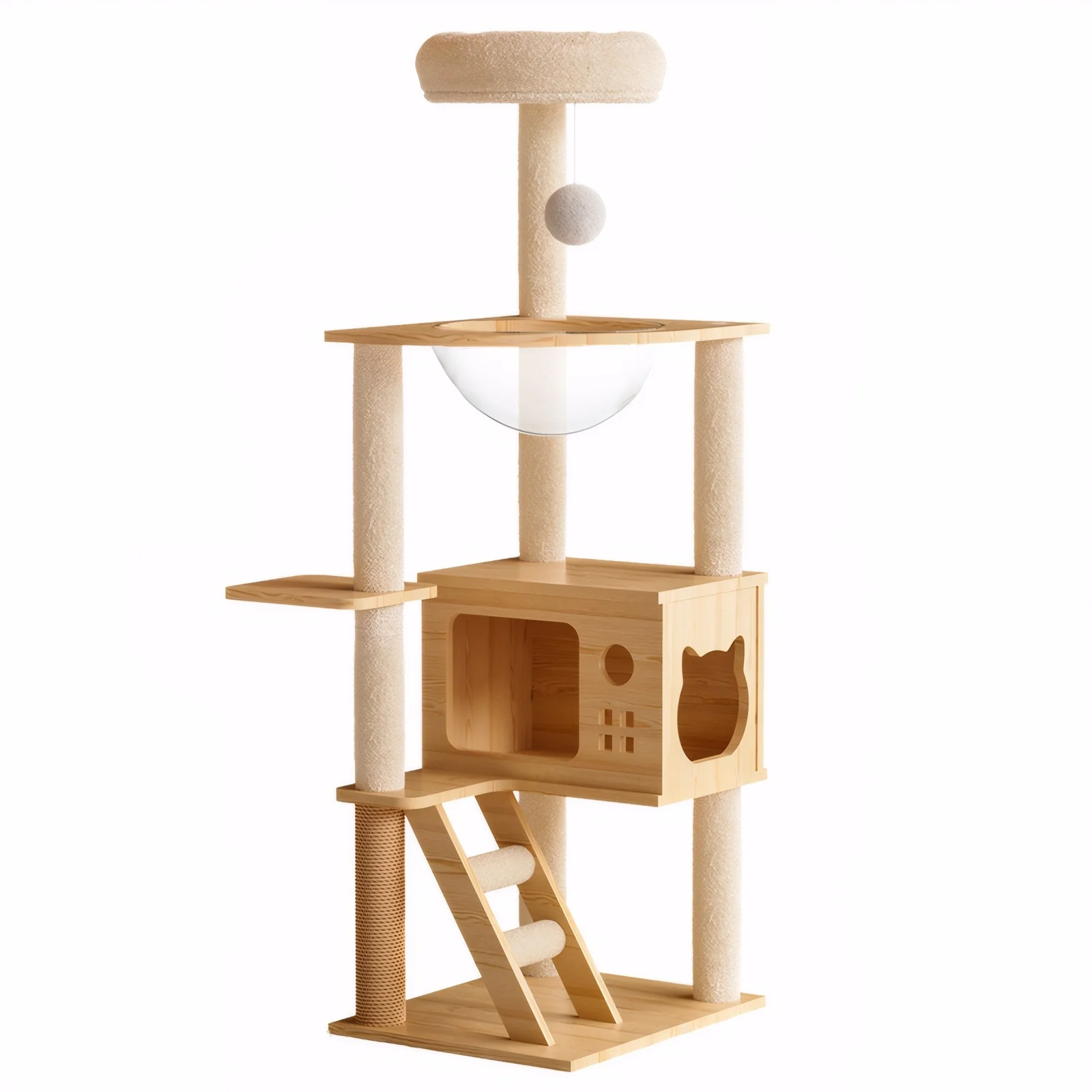 Serene 48" Modern Wood Cat Tower with Acrylic Hammock and Sisal Posts