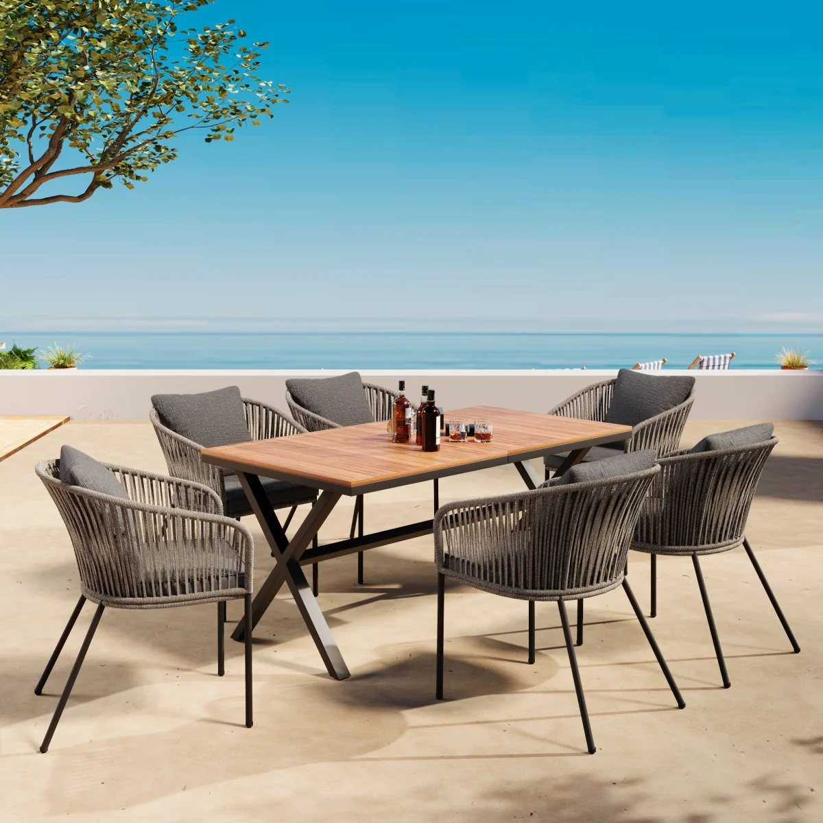 Serino 7 Piece Outdoor Dining Set Grey Rope and Acacia Wood - Image 3