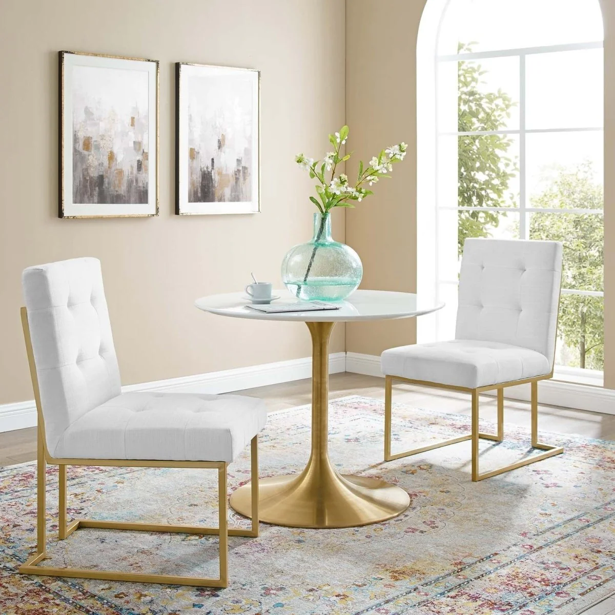 Set of 2 Biscuit Tufted Fabric Dining Accent Chairs with Gold Geometric Base - Image 10