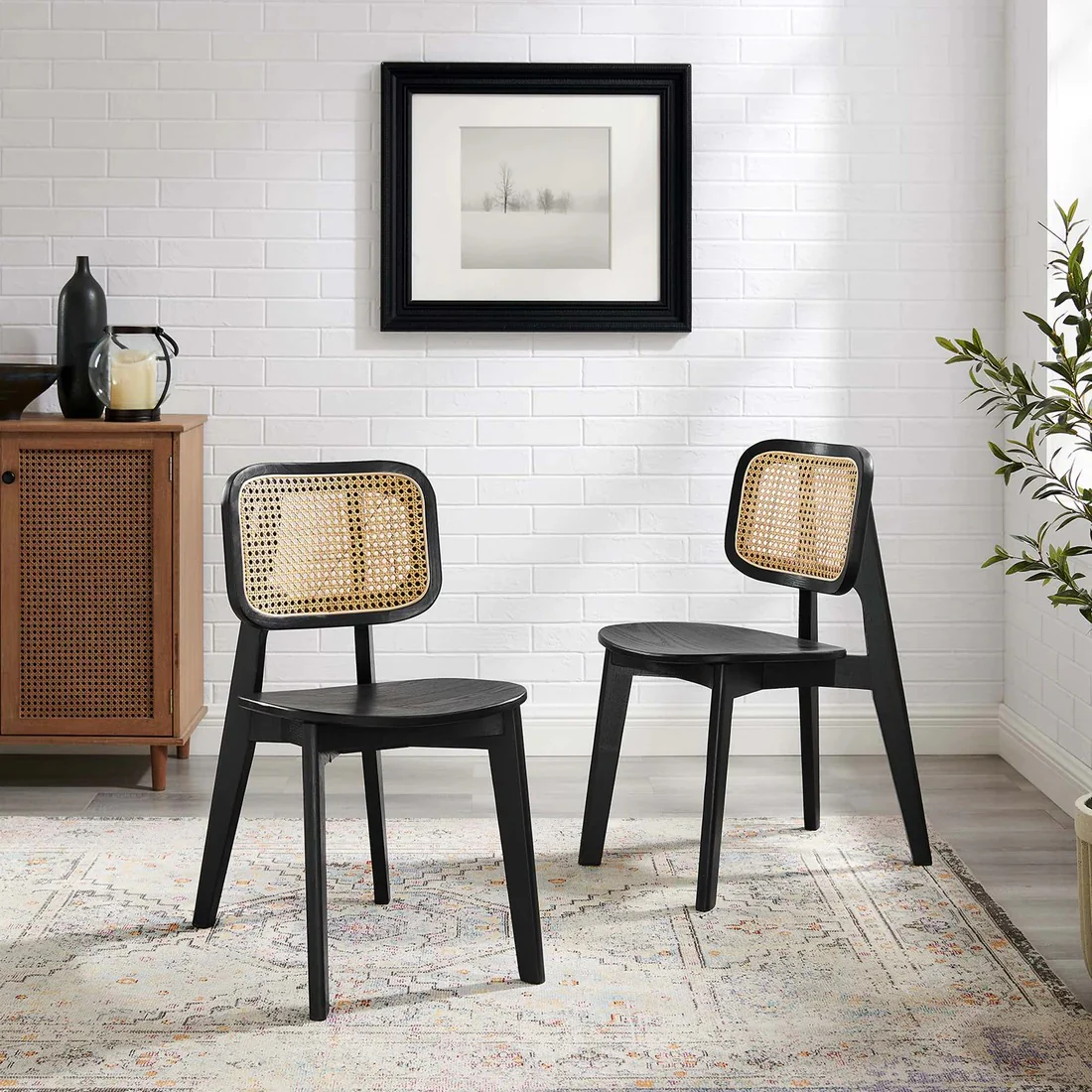 Set of 2 Coastal Farmhouse Elm Wood and Rattan Side Chairs - Image 2