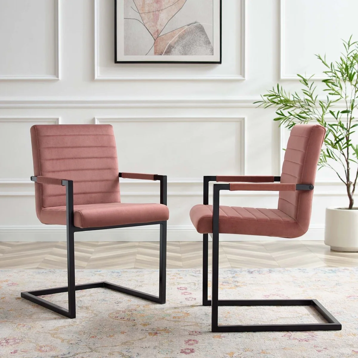 Set of 2 Dusty Rose Channel Tufted Performance Velvet Sled Base Dining Chairs - Image 2