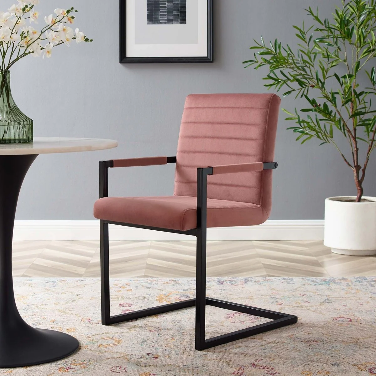 Set of 2 Dusty Rose Channel Tufted Performance Velvet Sled Base Dining Chairs - Image 3