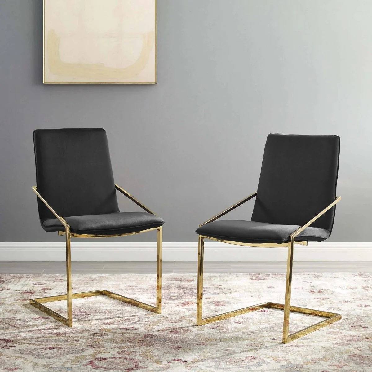Set of 2 Geometric Gold Stainless Steel Performance Velvet Dining Armchairs - Image 2