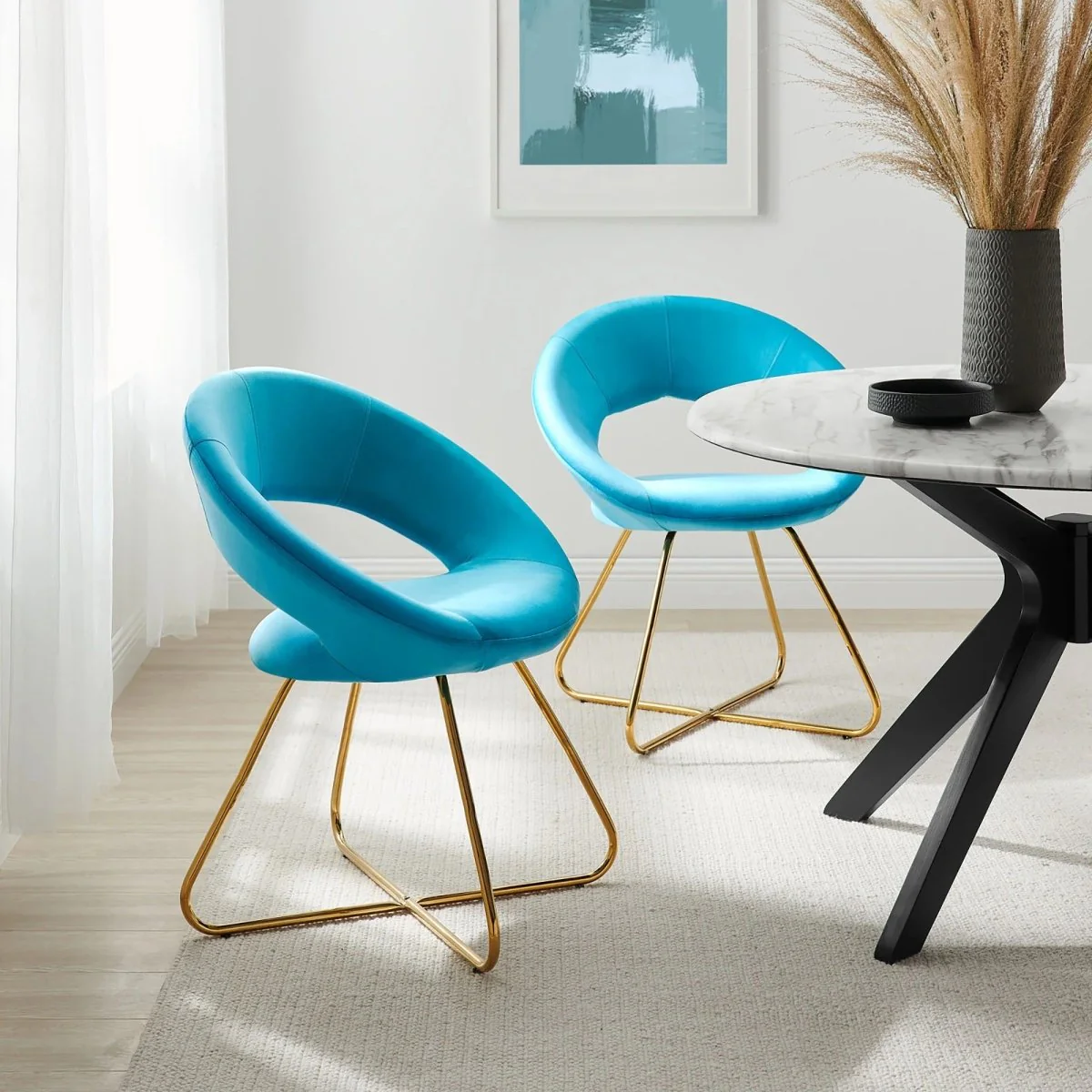 Set of 2 Performance Velvet Circular Dining Chairs with Gold Hairpin Legs - Image 2