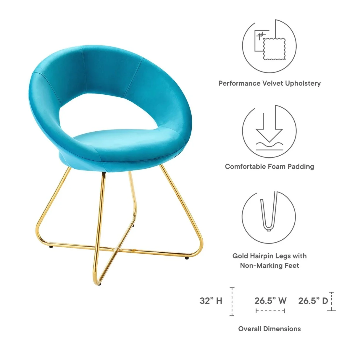 Set of 2 Performance Velvet Circular Dining Chairs with Gold Hairpin Legs - Image 7