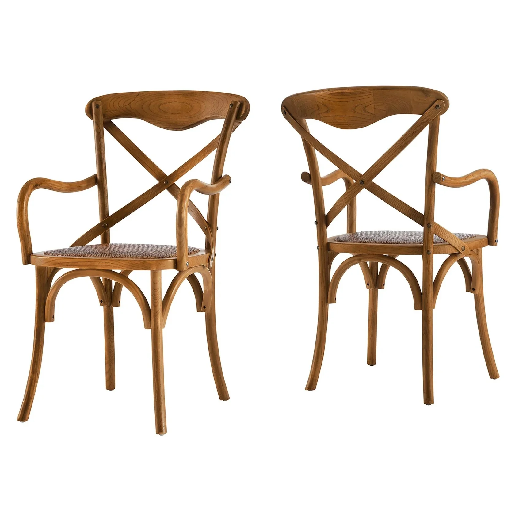 Set of 2 Walnut Wood Dining Armchairs with Rattan Seat