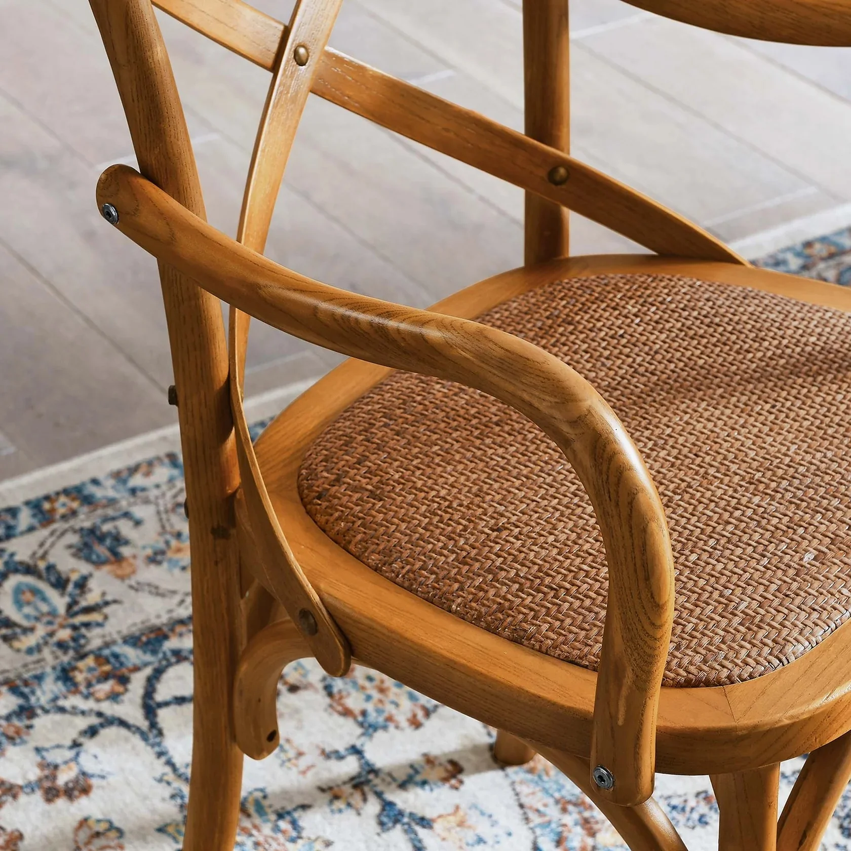 Set of 2 Walnut Wood Dining Armchairs with Rattan Seat - Image 8