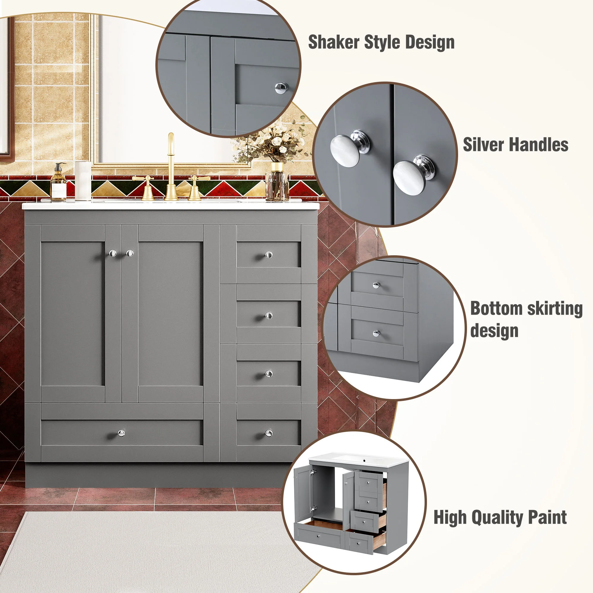 Shaker Free Standing Bathroom Vanity Cabinet With Sink, Soft Close Drawers, Soft Close Doors - Image 51