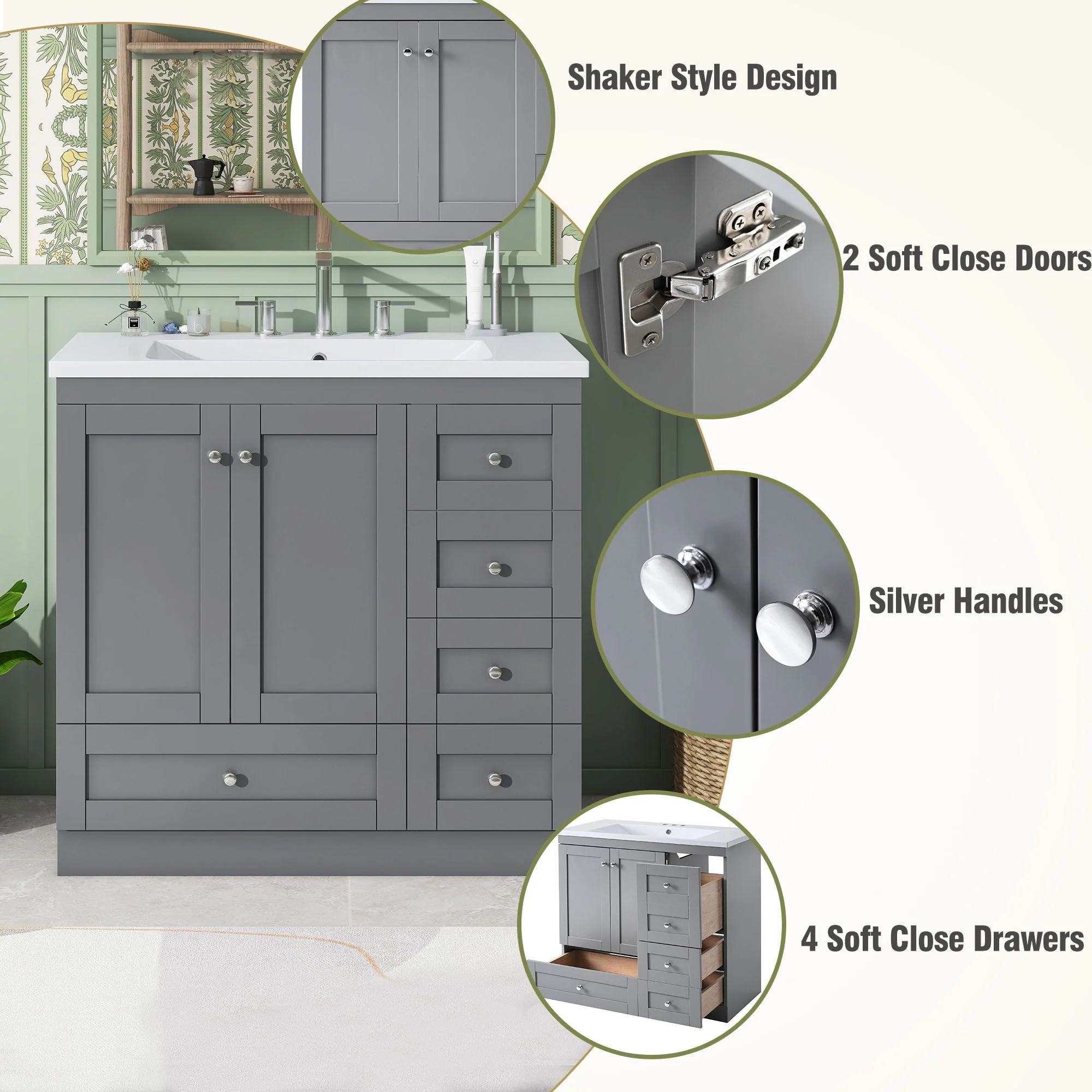 Shaker Free Standing Bathroom Vanity Cabinet With Sink, Soft Close Drawers, Soft Close Doors - Image 56