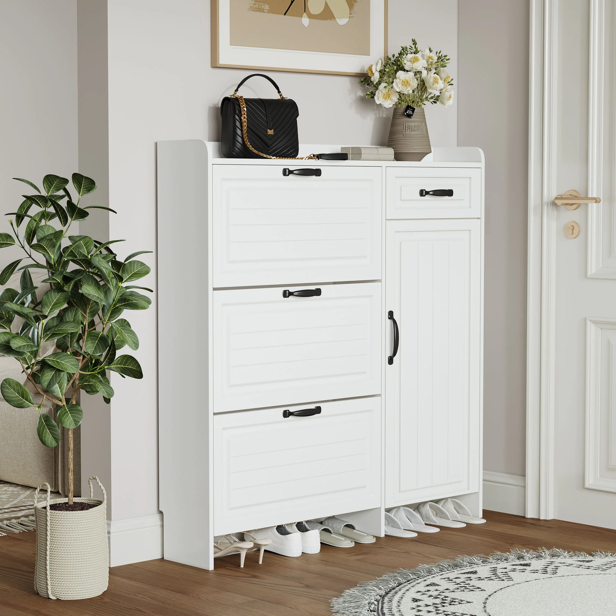Shoe Cabinet With 4 Doors 1 Drawers, PVC Door With Shape, Large Space For Storage - White - Image 5