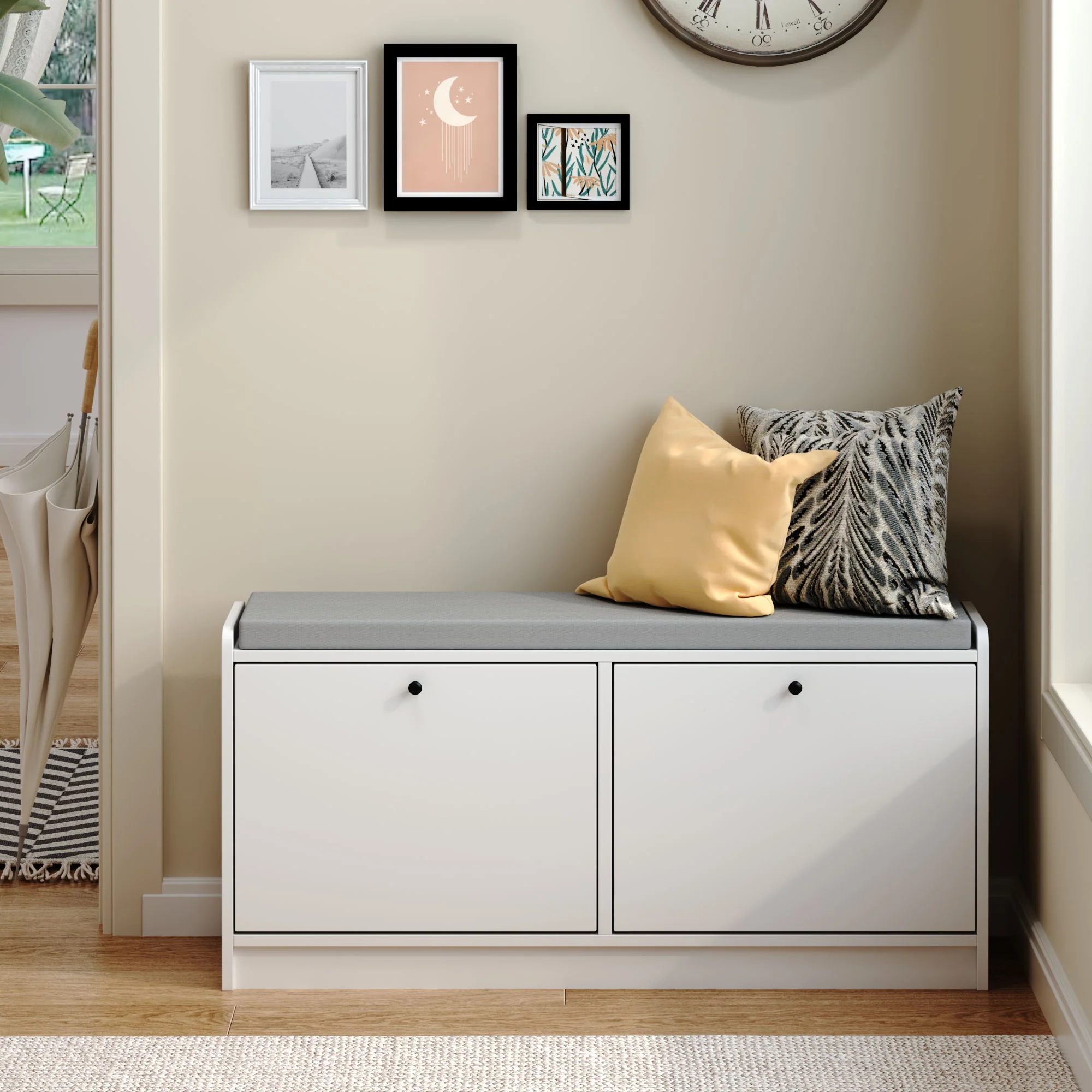 Shoe Storage Bench With Cushion, Entryway Organizer Cabinet For Hallway - White - Image 2