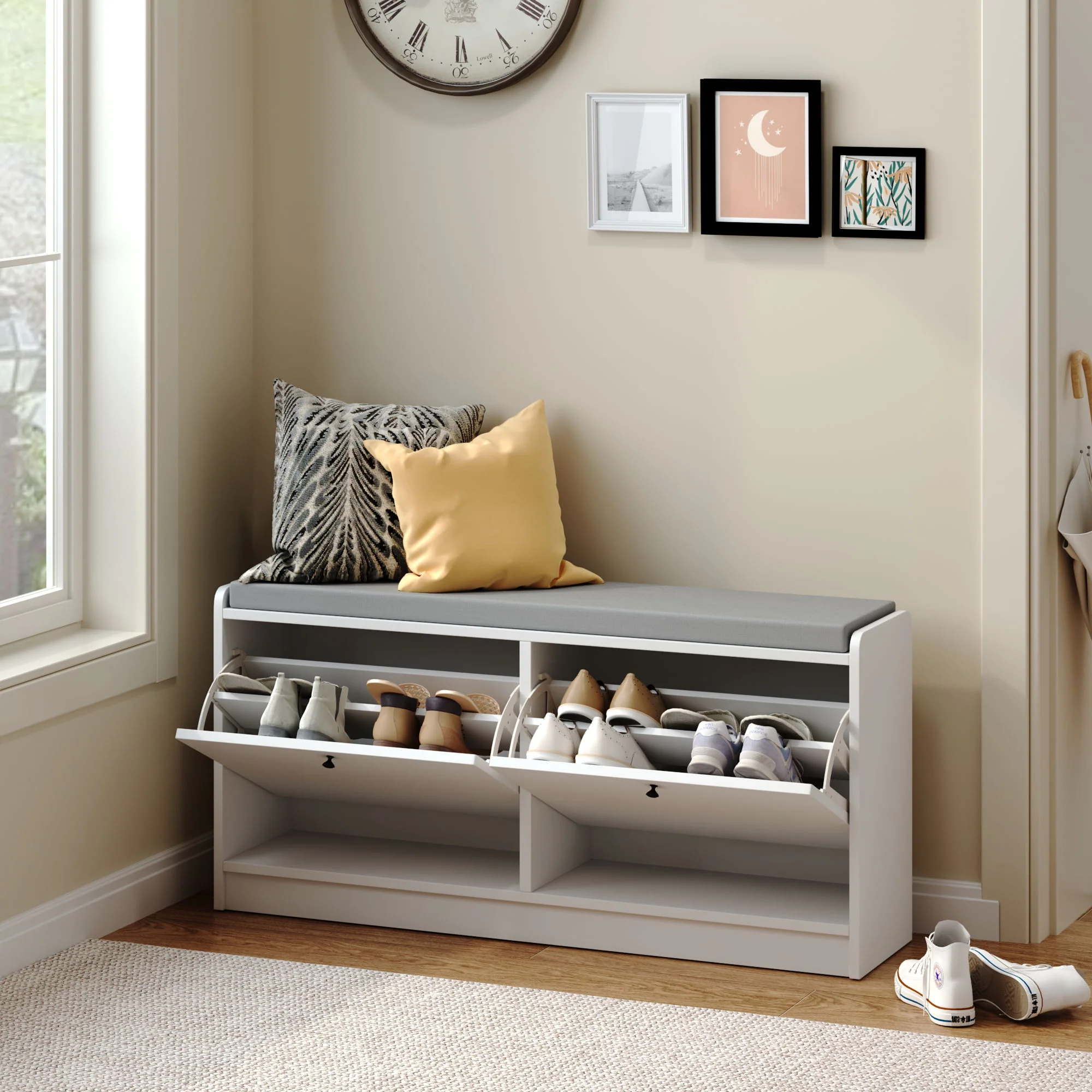 Shoe Storage Bench With Cushion, Entryway Organizer Cabinet For Hallway - White - Image 7