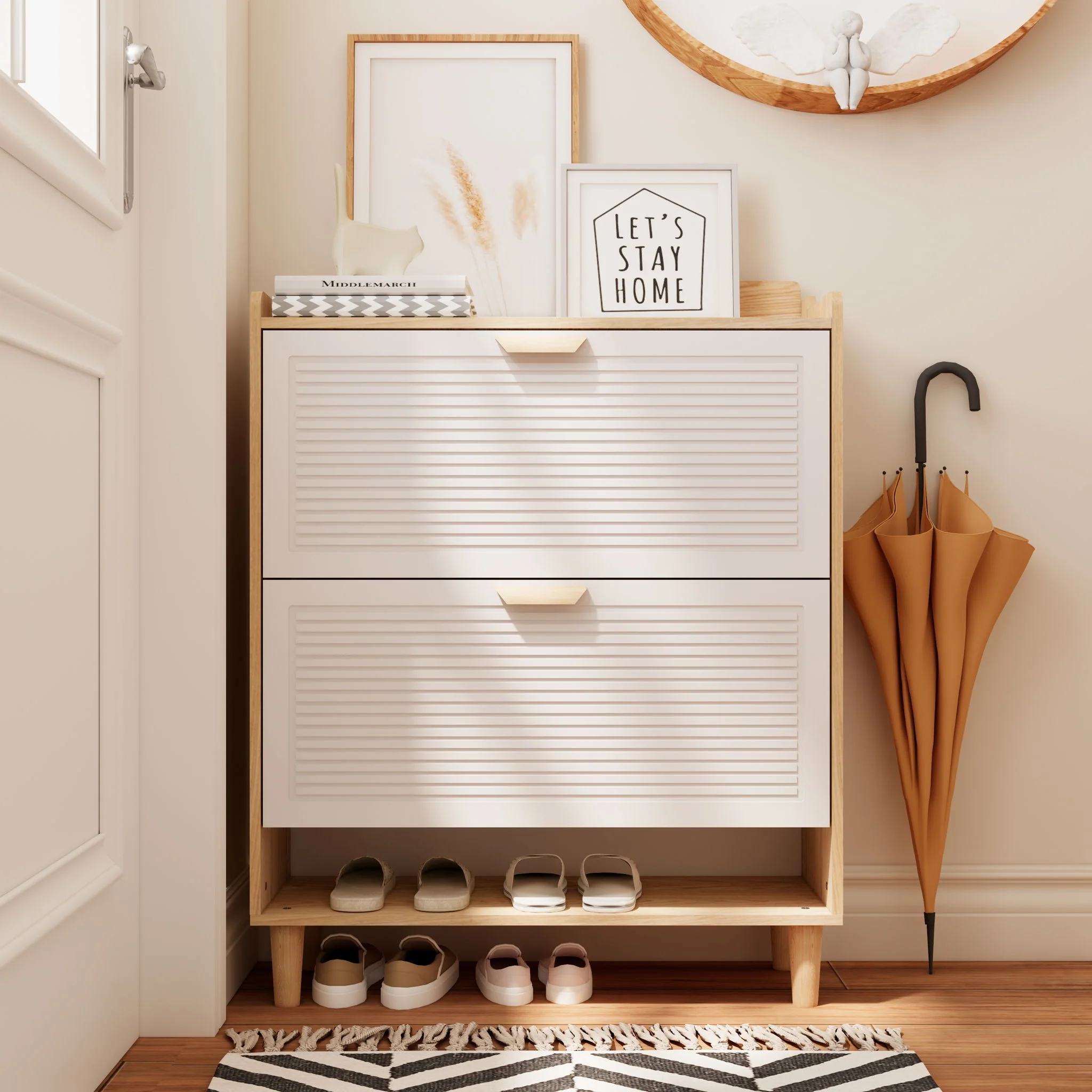 Shoe Storage Cabinet With 2 Flip Drawers, Compact Entryway Organizer - Natural / White - Image 5