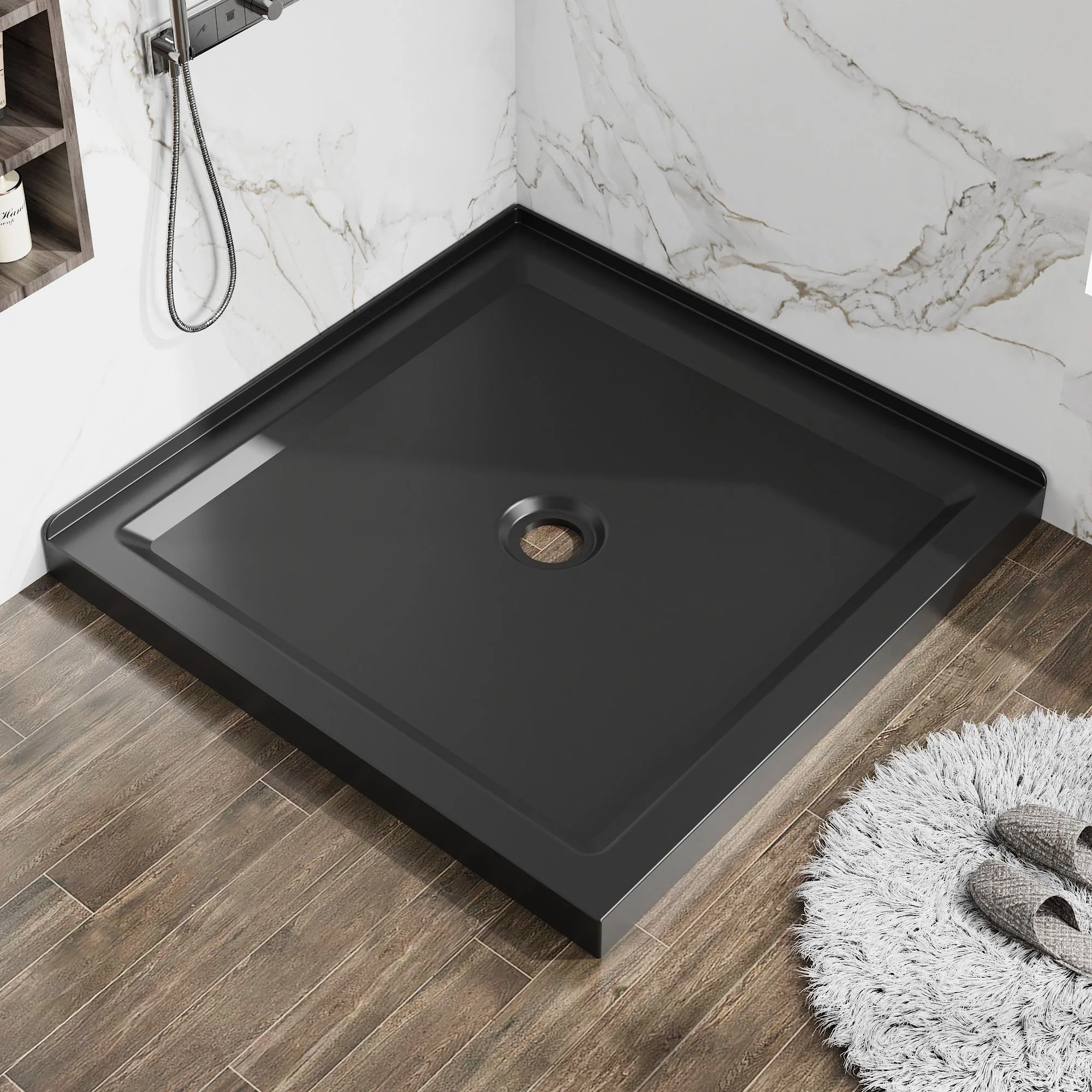 Shower Base, Anti Slip Center Drain Double Threshold - Black - Image 5