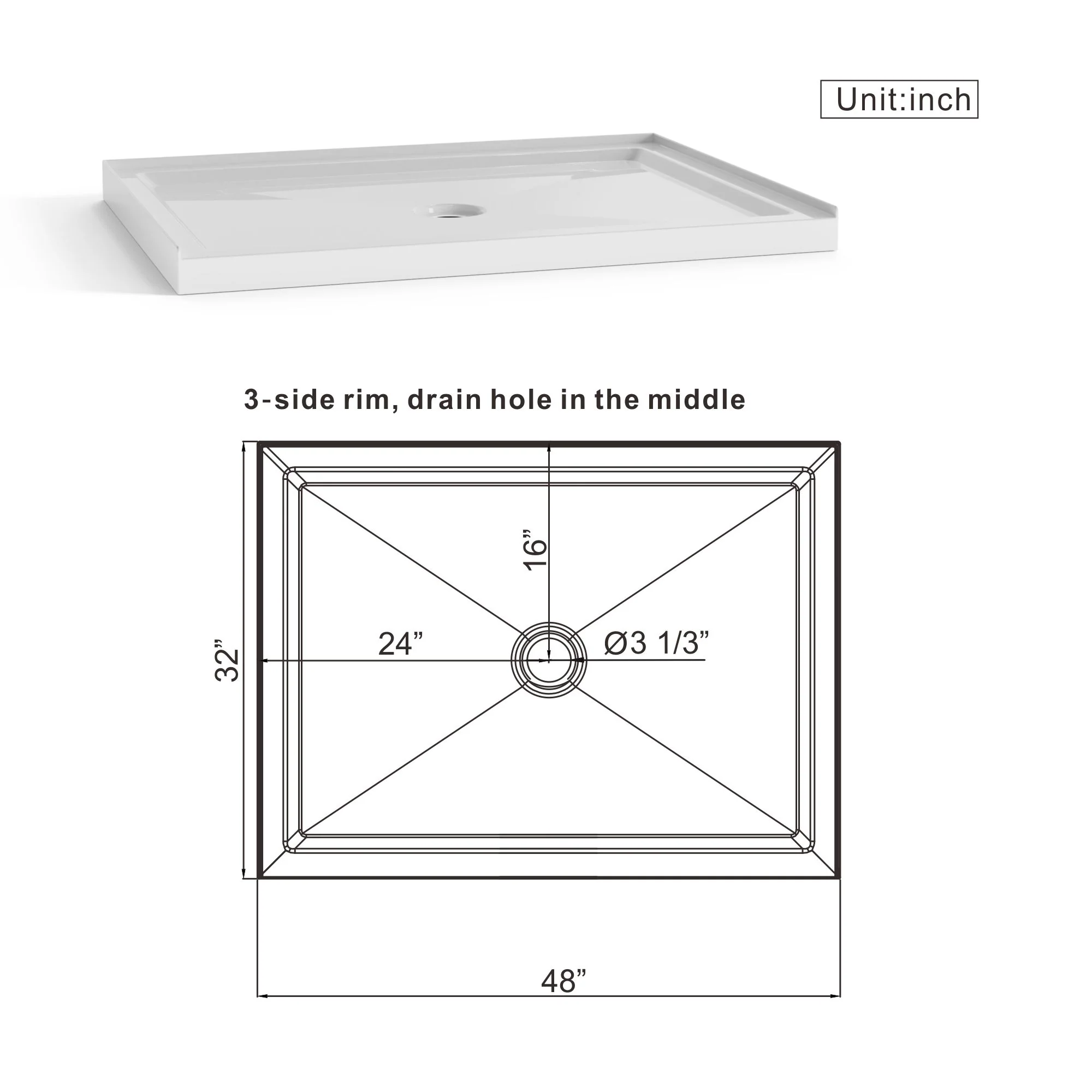 Shower Base Anti Slip Center Drain Single Threshold 32" X 48" - White - Image 4