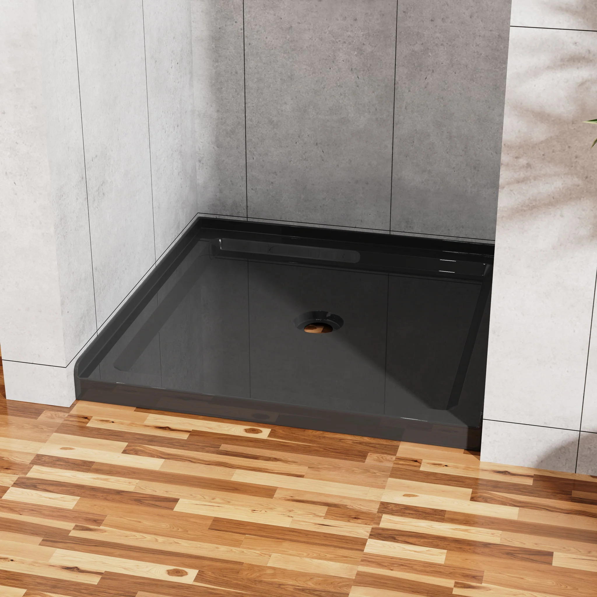 Shower Base, Anti Slip Center Drain Single Threshold - Black - Image 6