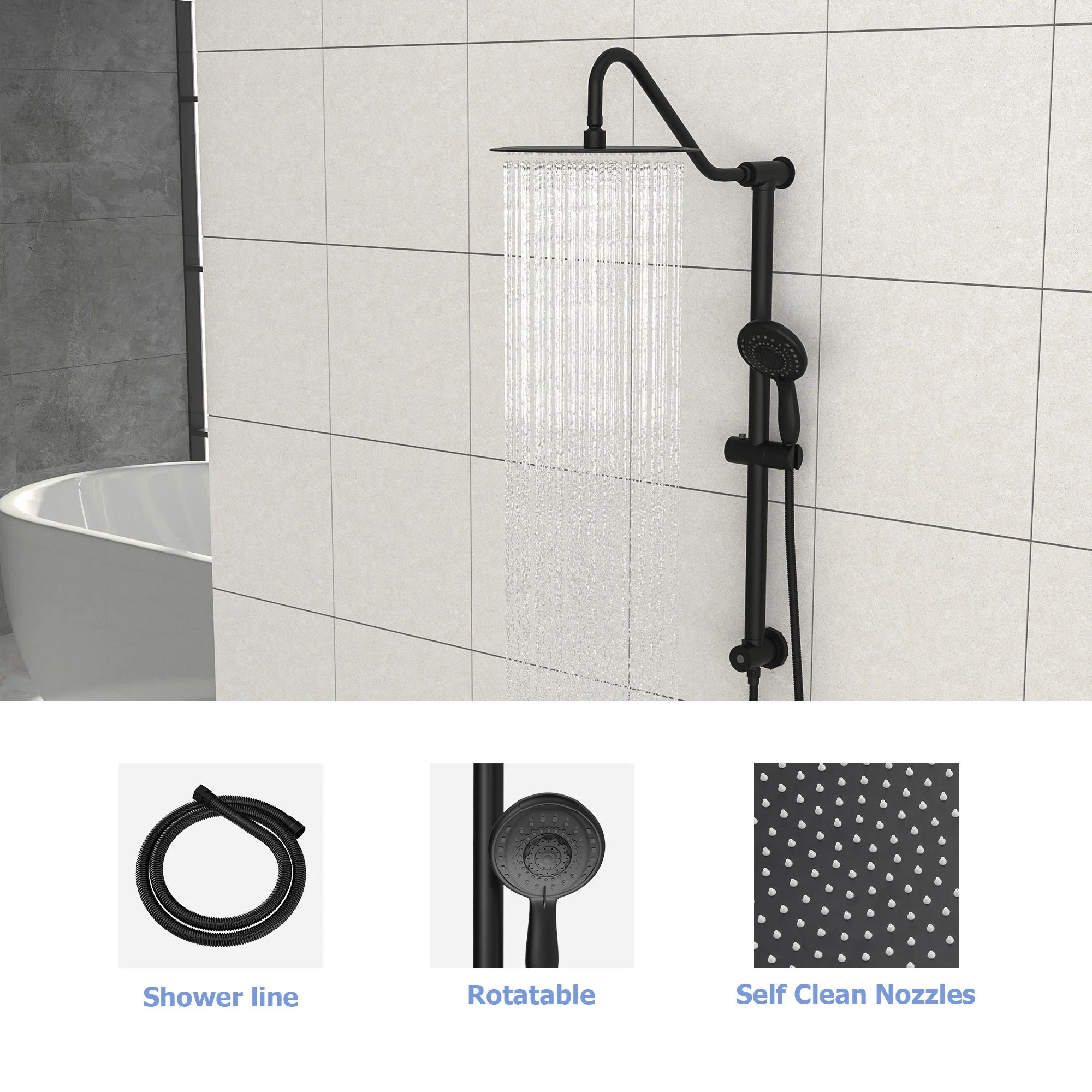 Shower System With 5 Function Rain Hand Shower And Slide Bar Combo - Image 5