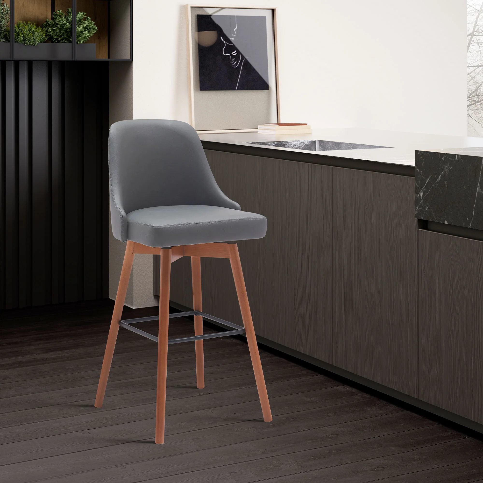 Sicily - Swivel Walnut Wood Faux Leather Stool - Image 17