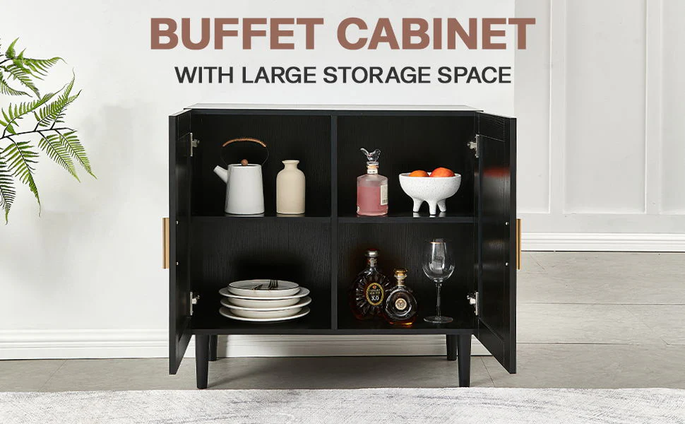 Side Panel Buffet Cabinet With Natural Rattan Door, Rattan Storage Cabinet With Adjustable Shelves, Side Panel And Buffet With Storage Space, Modern Console Cabinet In Bedroom And Living Room - Black / Beige - Image 4