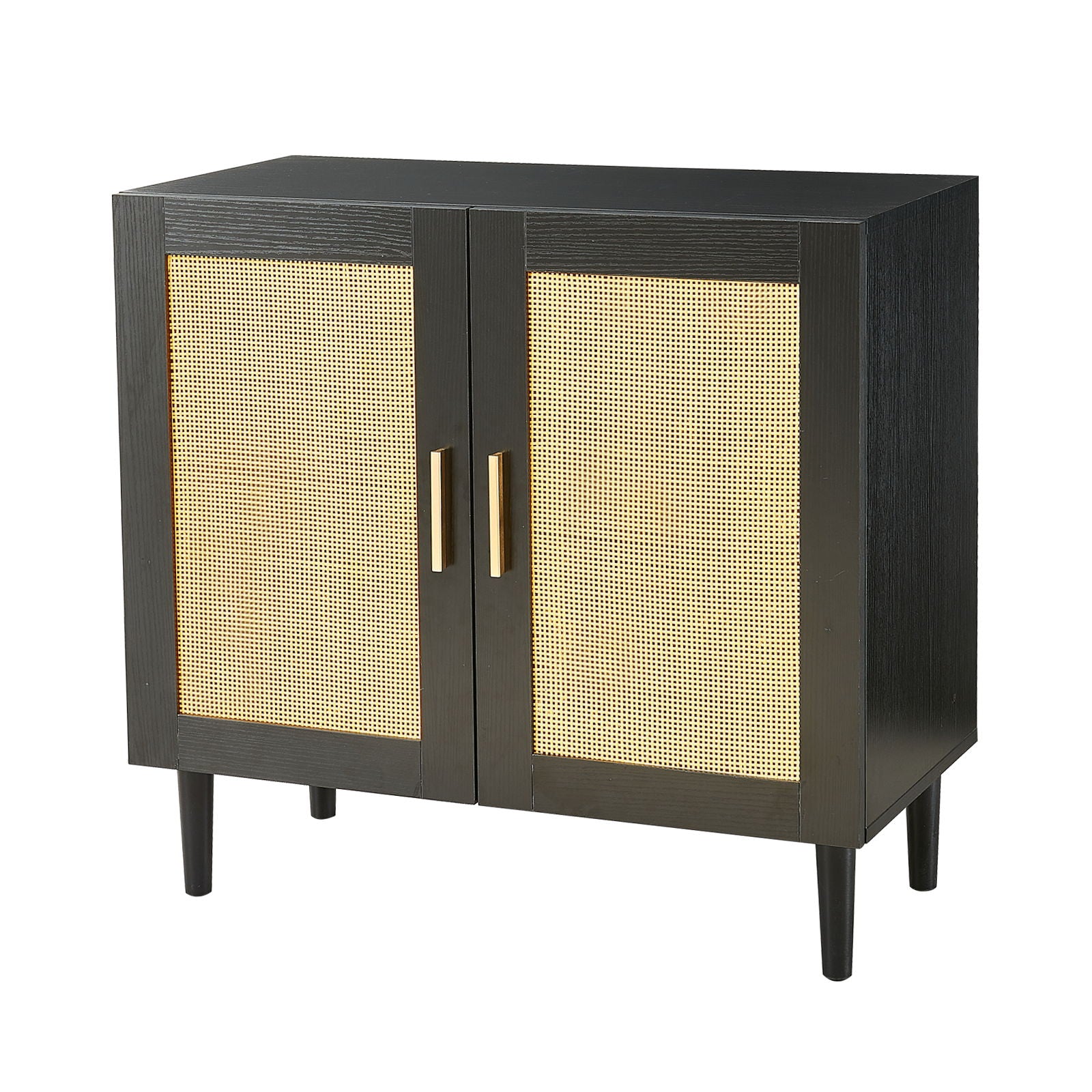 Side Panel Buffet Cabinet With Natural Rattan Door, Rattan Storage Cabinet With Adjustable Shelves, Side Panel And Buffet With Storage Space, Modern Console Cabinet In Bedroom And Living Room - Black / Beige - Image 5