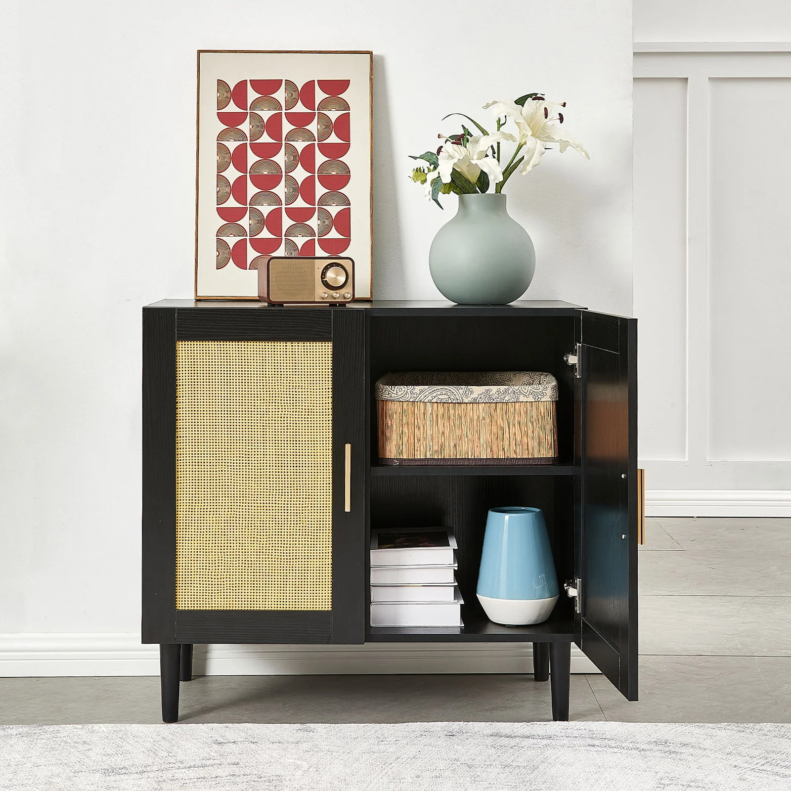 Side Panel Buffet Cabinet With Natural Rattan Door, Rattan Storage Cabinet With Adjustable Shelves, Side Panel And Buffet With Storage Space, Modern Console Cabinet In Bedroom And Living Room - Black / Beige - Image 9