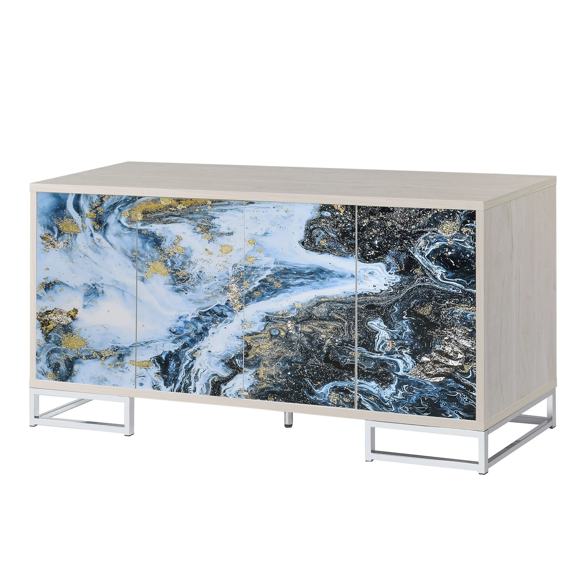 Sideboard Buffet Cabinet 4 Door Marble Print Wood 65x30in Light Blue White - Image 2