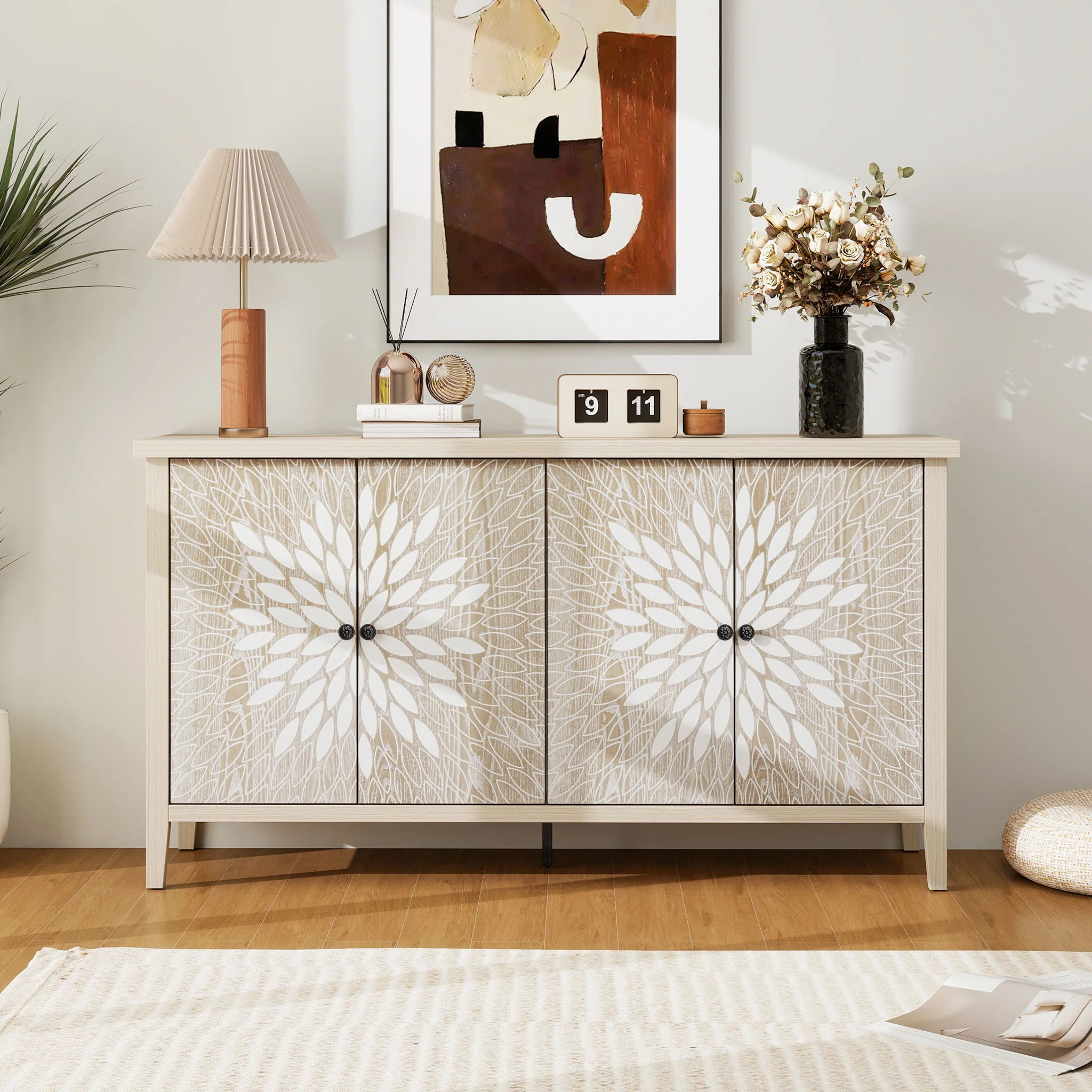 Sideboard Buffet Cabinet Carved 4 Door Storage 58in x 32in - Image 11