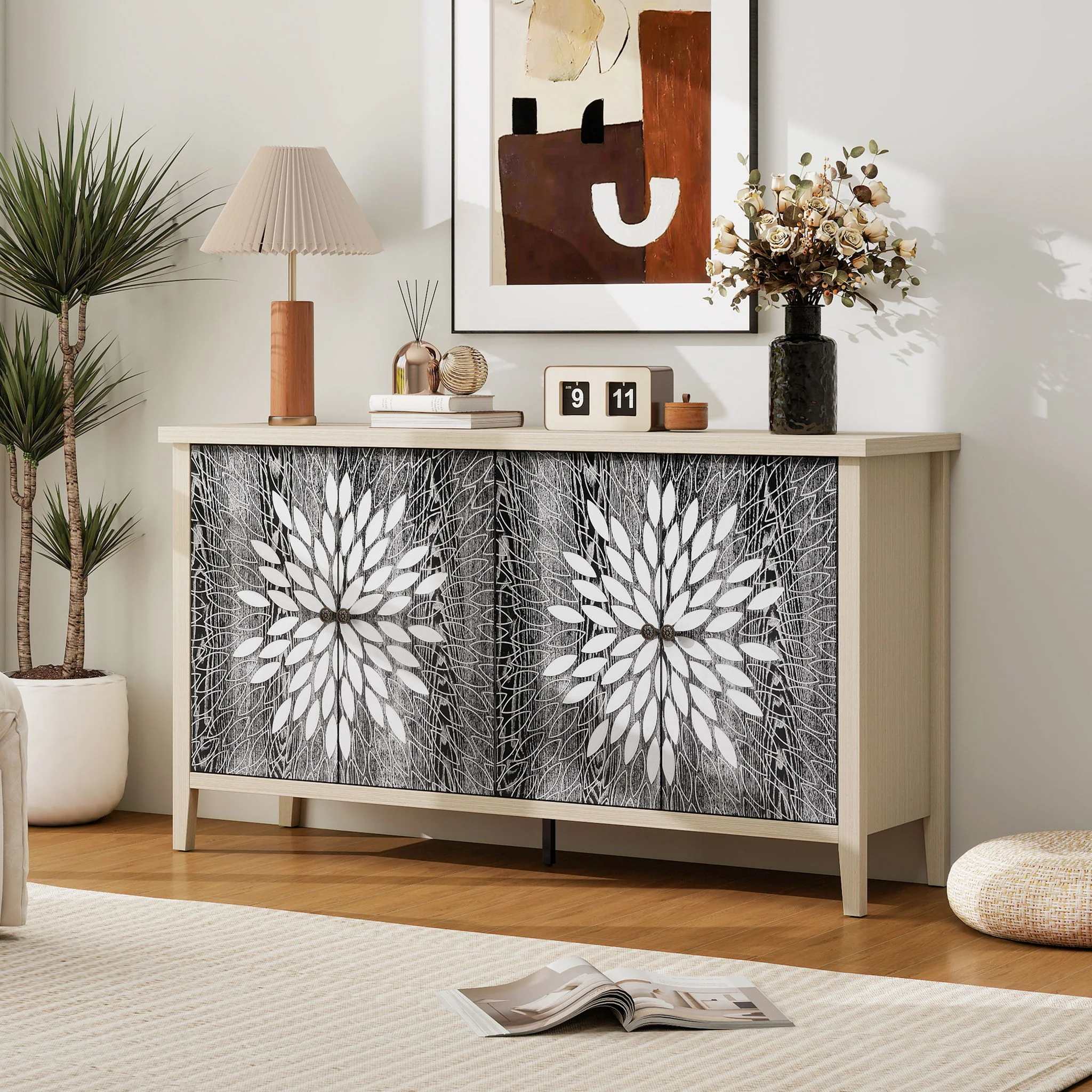 Sideboard Buffet Cabinet Carved 4 Door Storage 58in x 32in - Image 13