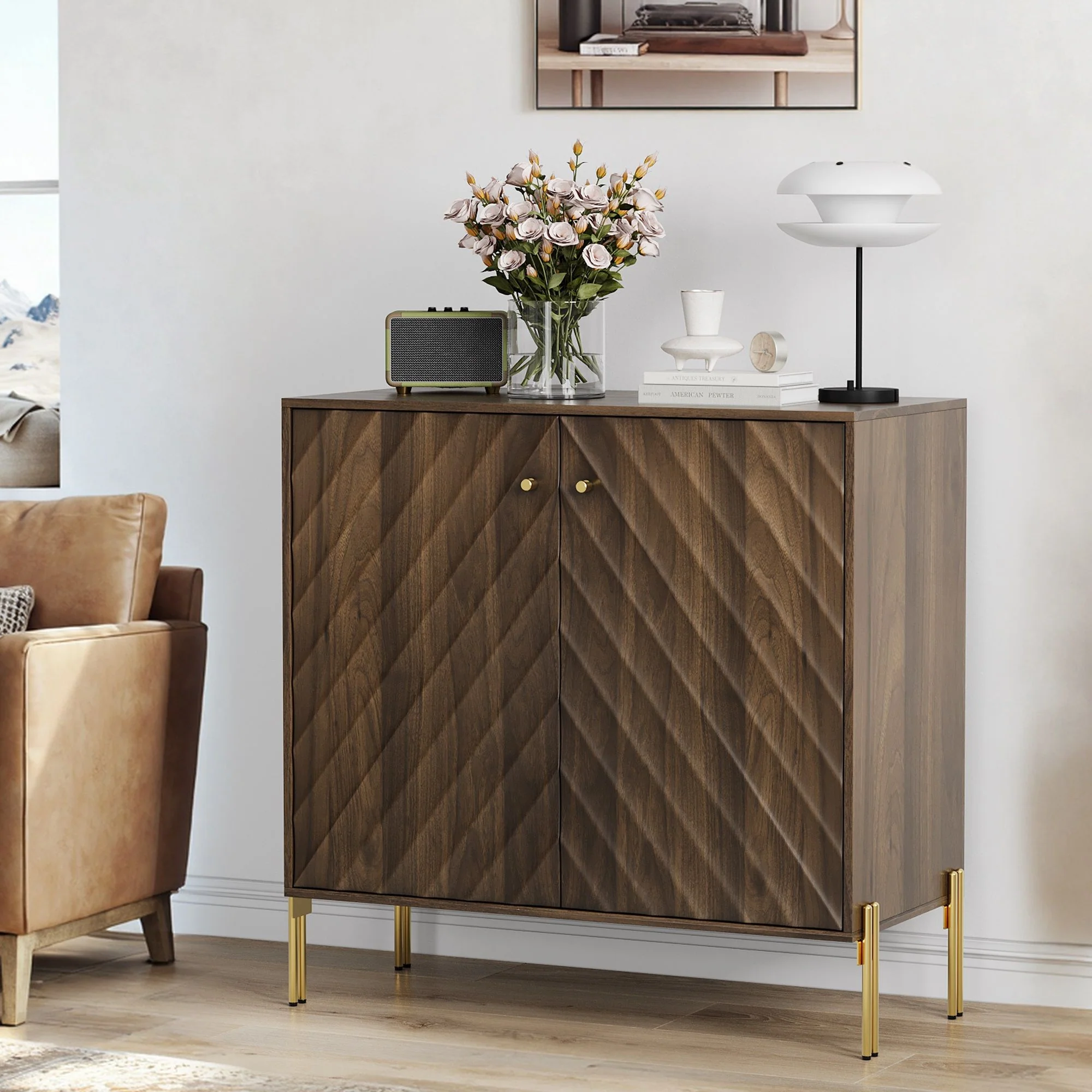Sideboard Buffet Cabinet Storage Credenza Wood Console 32x30in Dark Brown - Image 6
