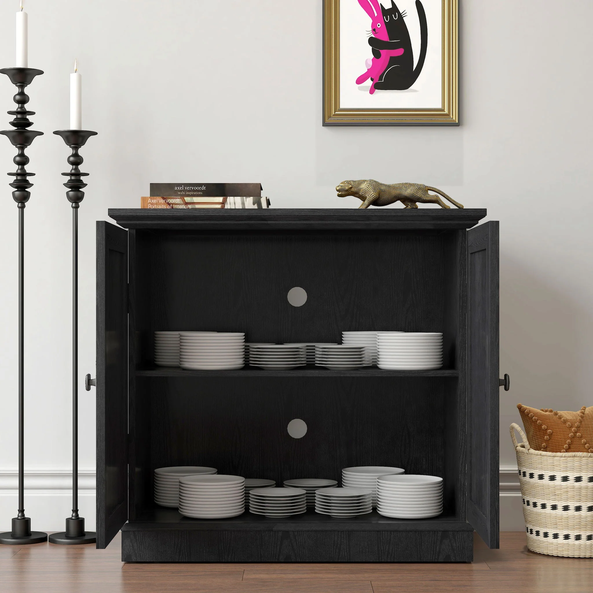 Sideboard Cabinet With Mirrored Doors, Adjustable Shelf, Metal Handles - Image 5