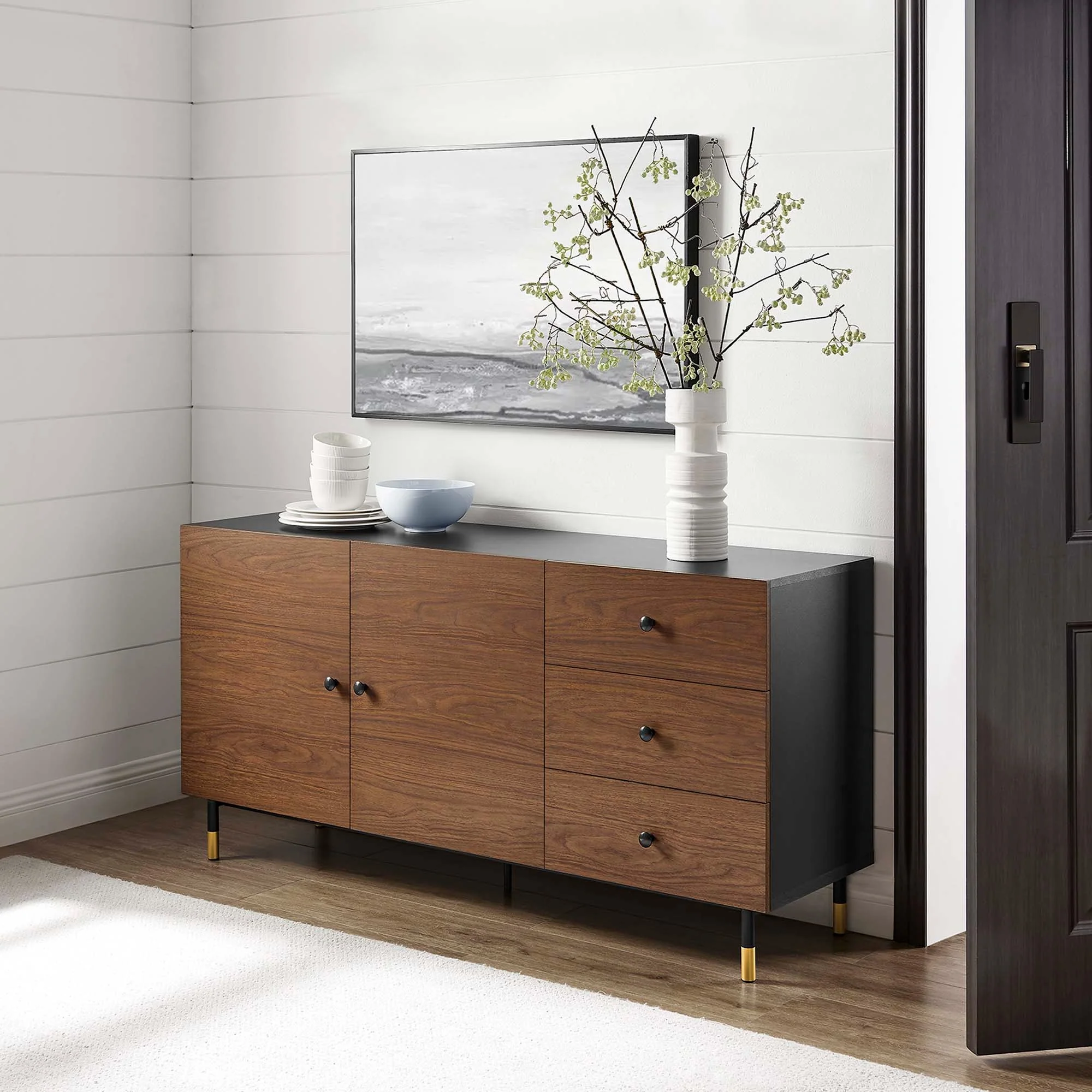 Sideboard Storage Cabinet Drawer Shelf Metal Leg Laminate 59 Inch - Image 2