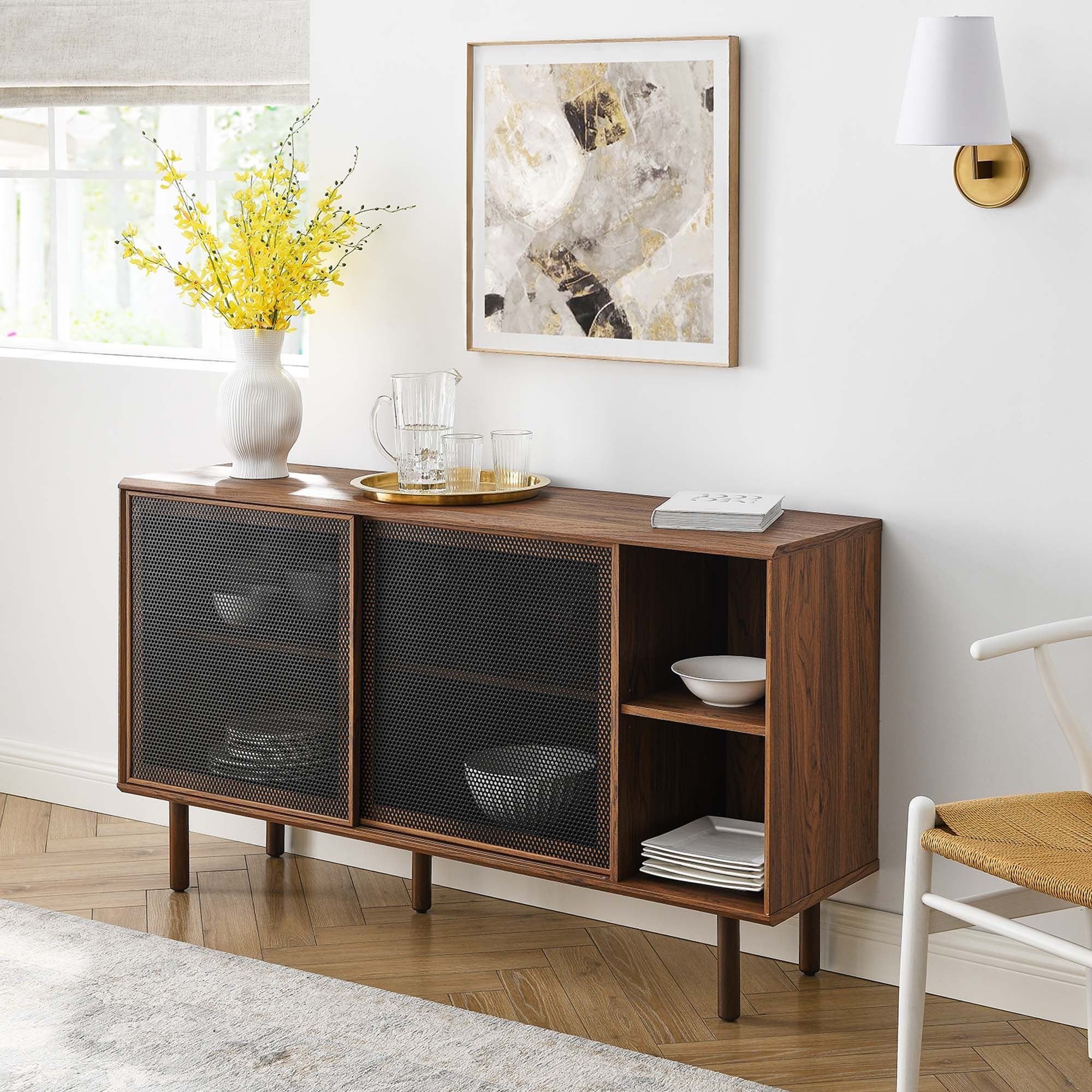 Sideboard Storage Cabinet Metal Mesh Sliding Door MDF 59 Inch - Image 22