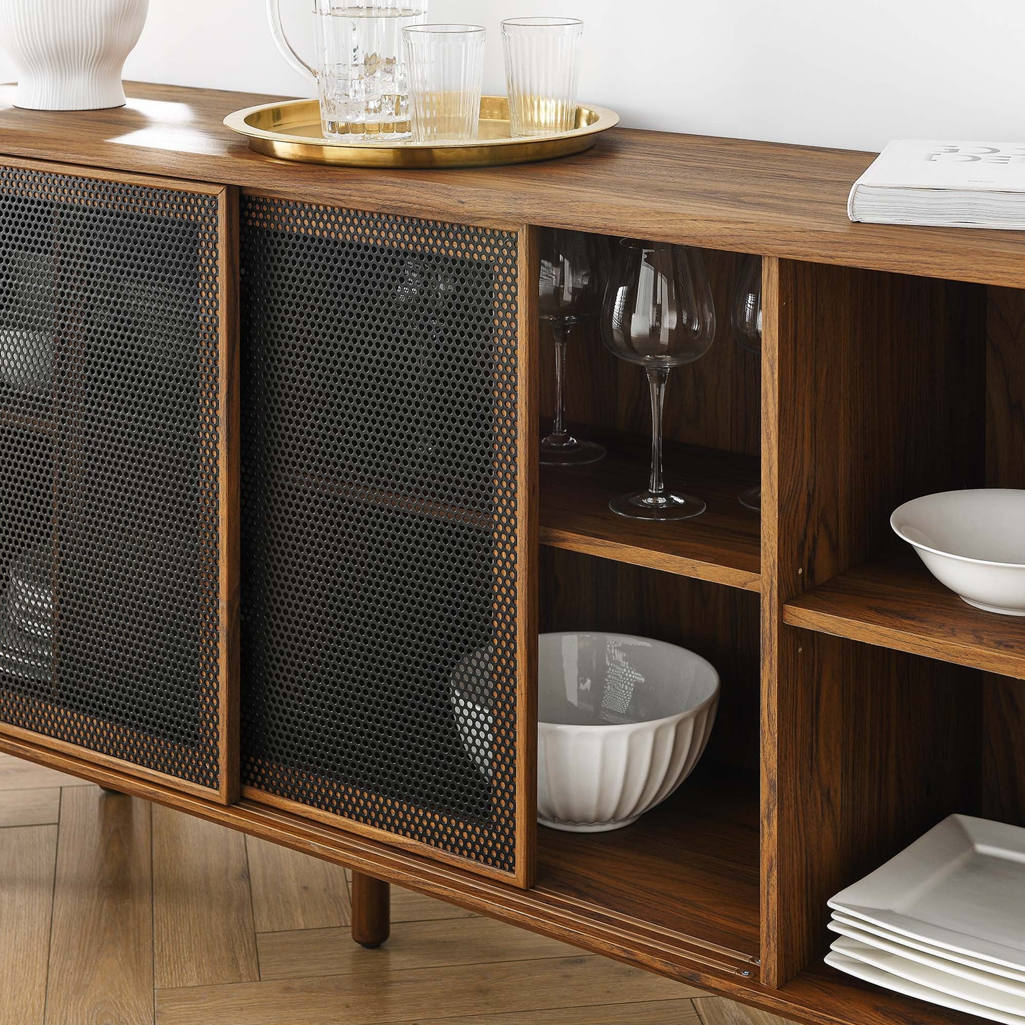 Sideboard Storage Cabinet Metal Mesh Sliding Door MDF 59 Inch - Image 25