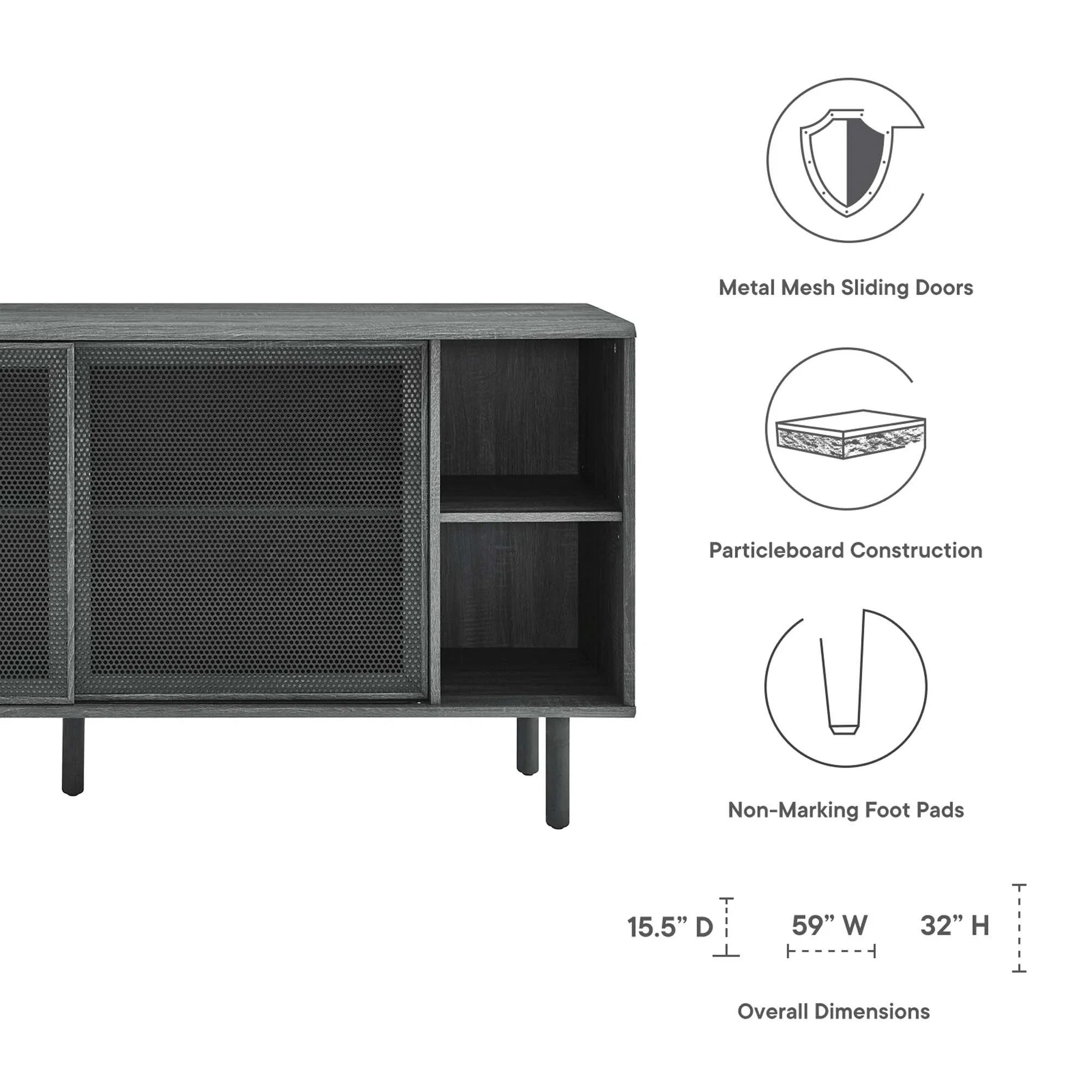 Sideboard Storage Cabinet Metal Mesh Sliding Door MDF 59 Inch - Image 3