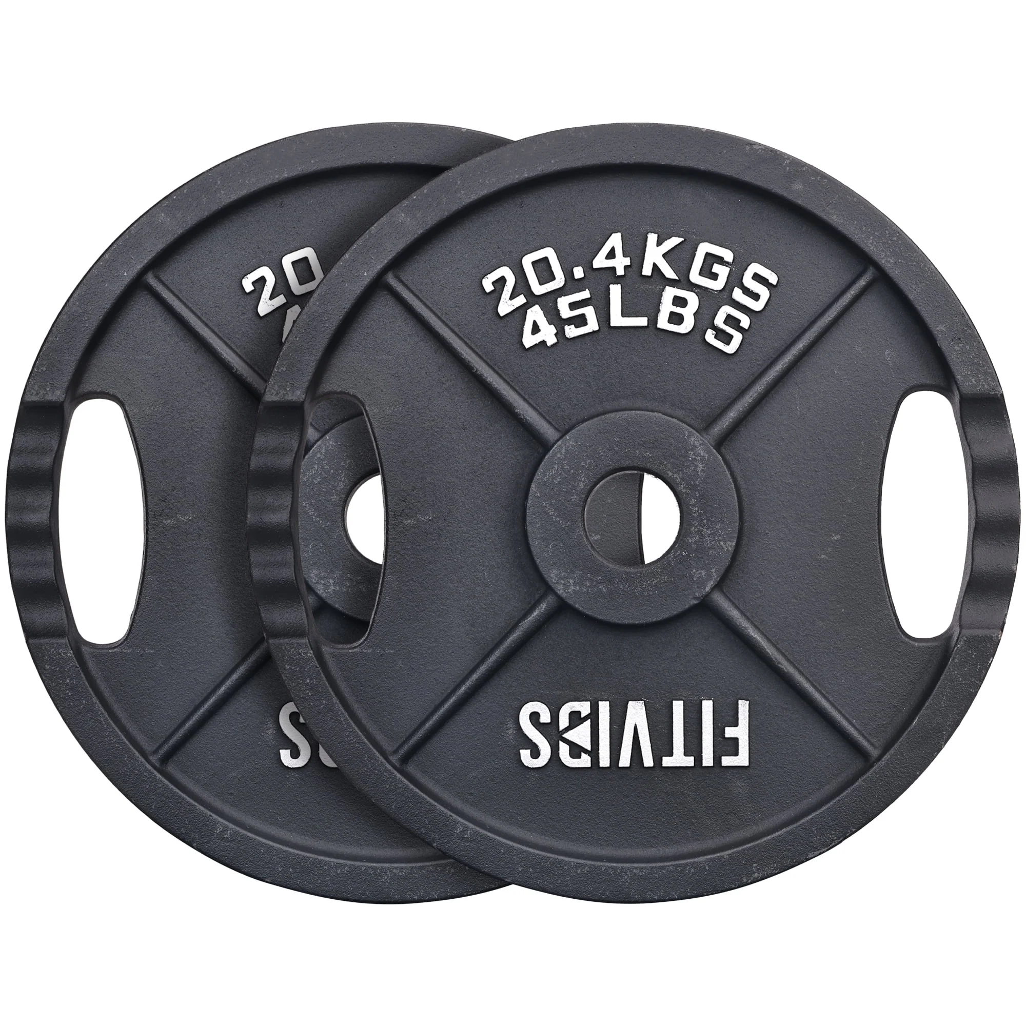 Signature Fitness 2-Grip Olympic Cast Iron Weight Plates, 2-Inch Hole, 45LB PAIR, Black with Silver Lettering