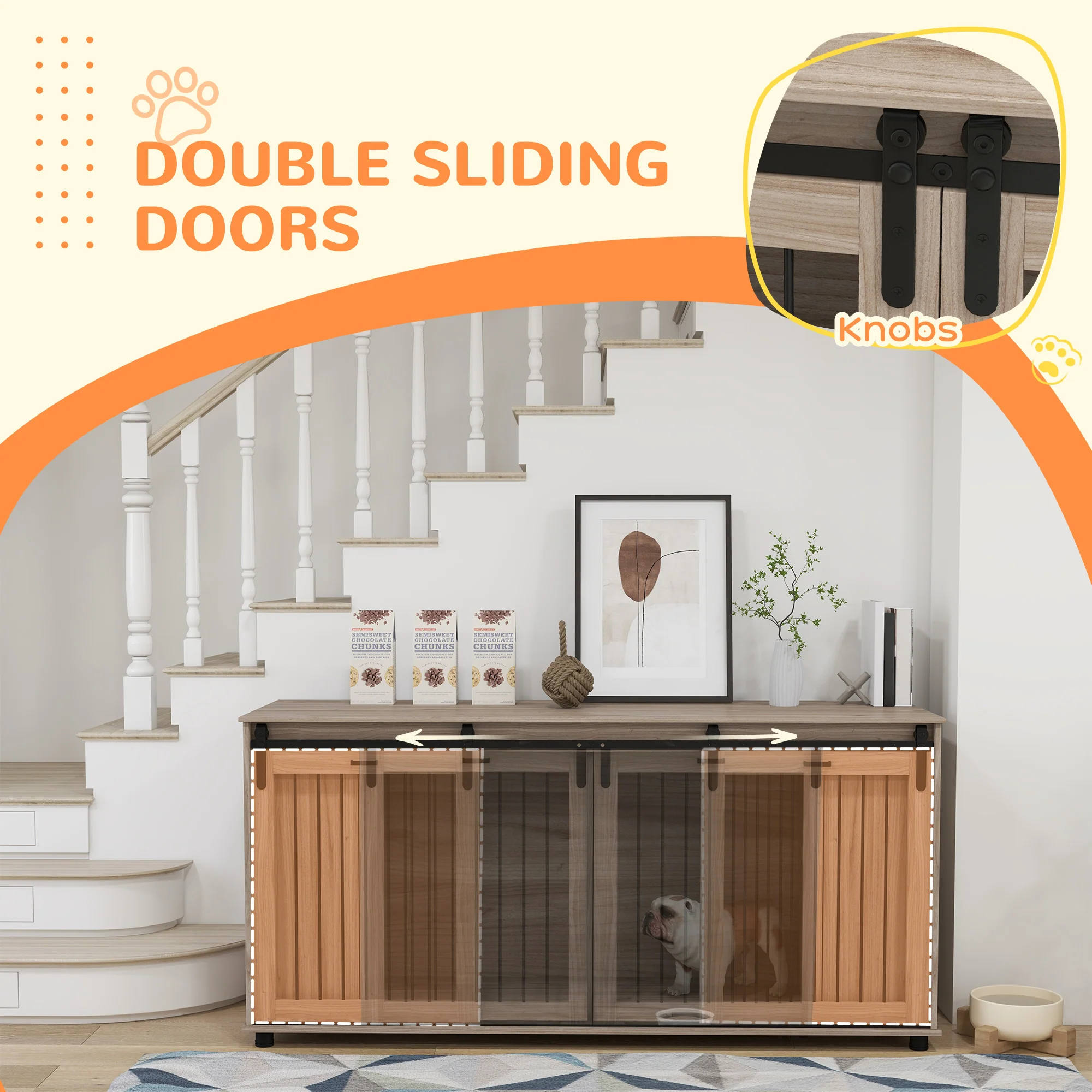Silas 71-Inch Dual Dog Crate Furniture with Removable Divider and Push-to-Open Storage - Image 3