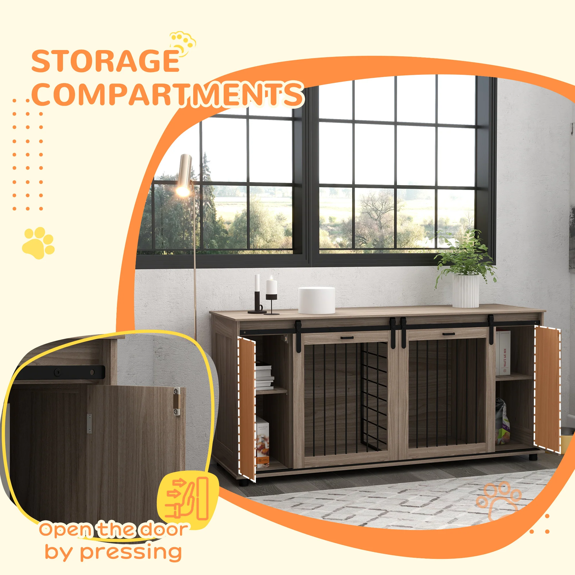 Silas 71-Inch Dual Dog Crate Furniture with Removable Divider and Push-to-Open Storage - Image 5