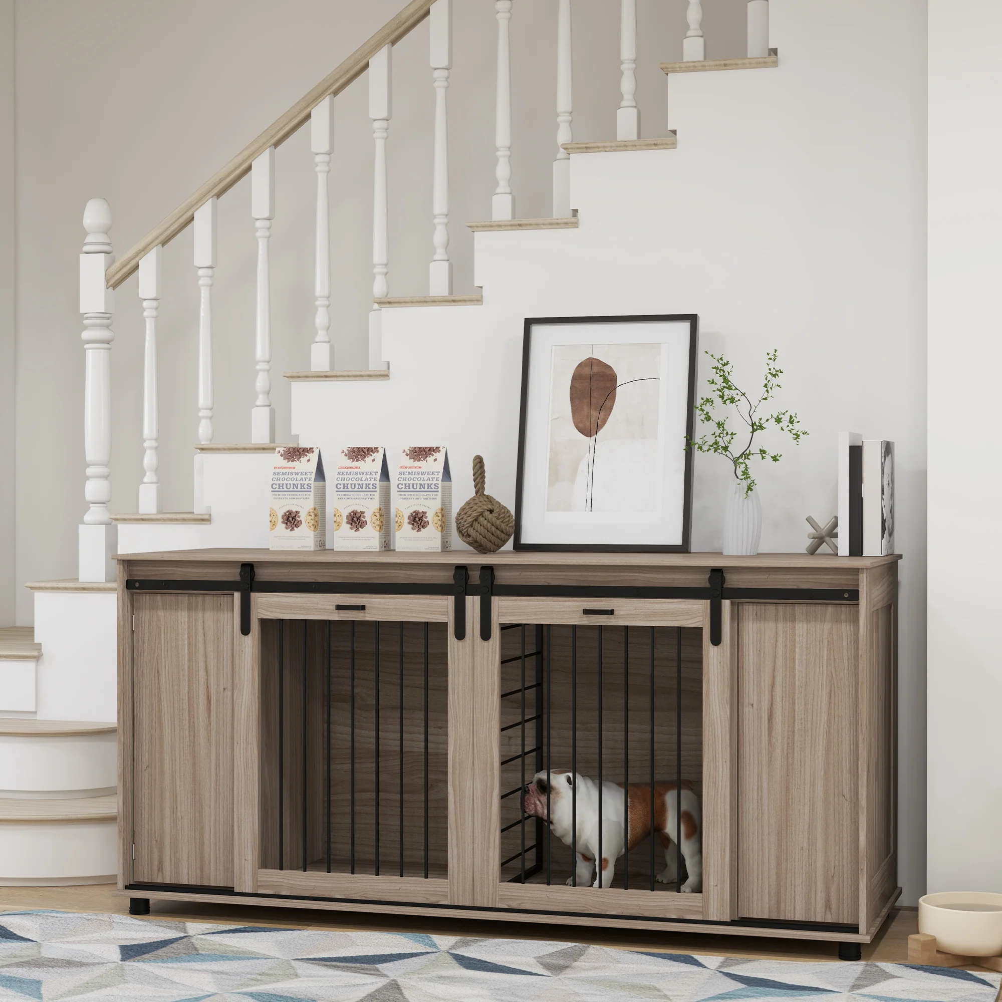 Silas 71-Inch Dual Dog Crate Furniture with Removable Divider and Push-to-Open Storage - Image 8