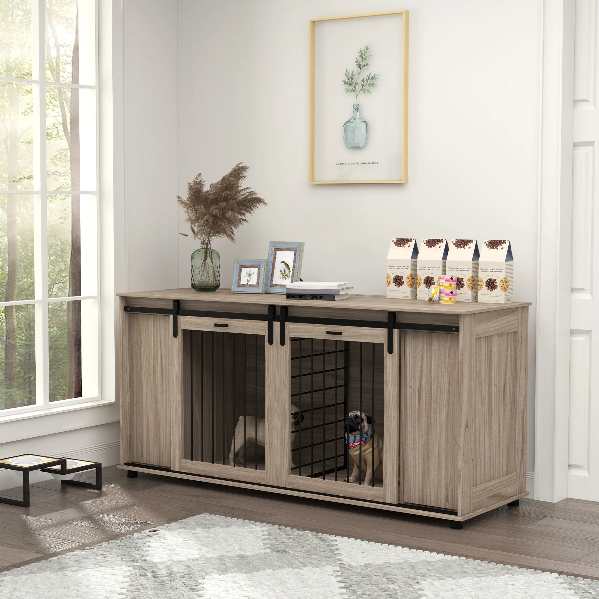 Silas 71-Inch Dual Dog Crate Furniture with Removable Divider and Push-to-Open Storage - Image 9